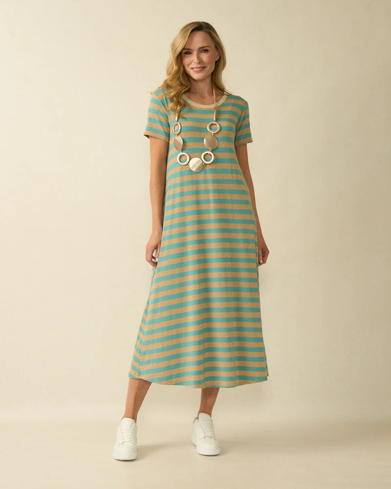 Deck Striped Round Neck Dress - Aqua