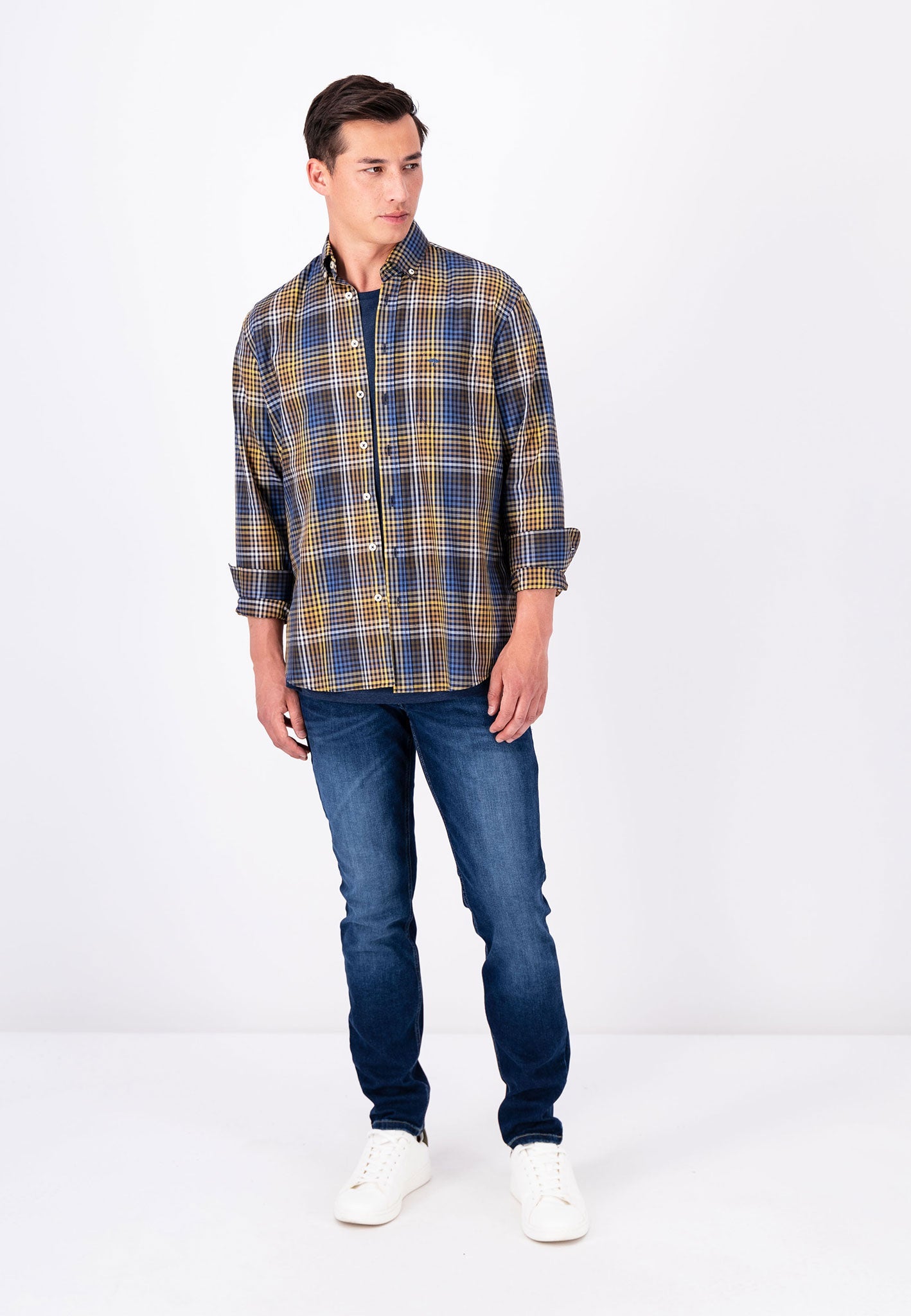 Fynch Hatton Camel Check Shirt - Navy