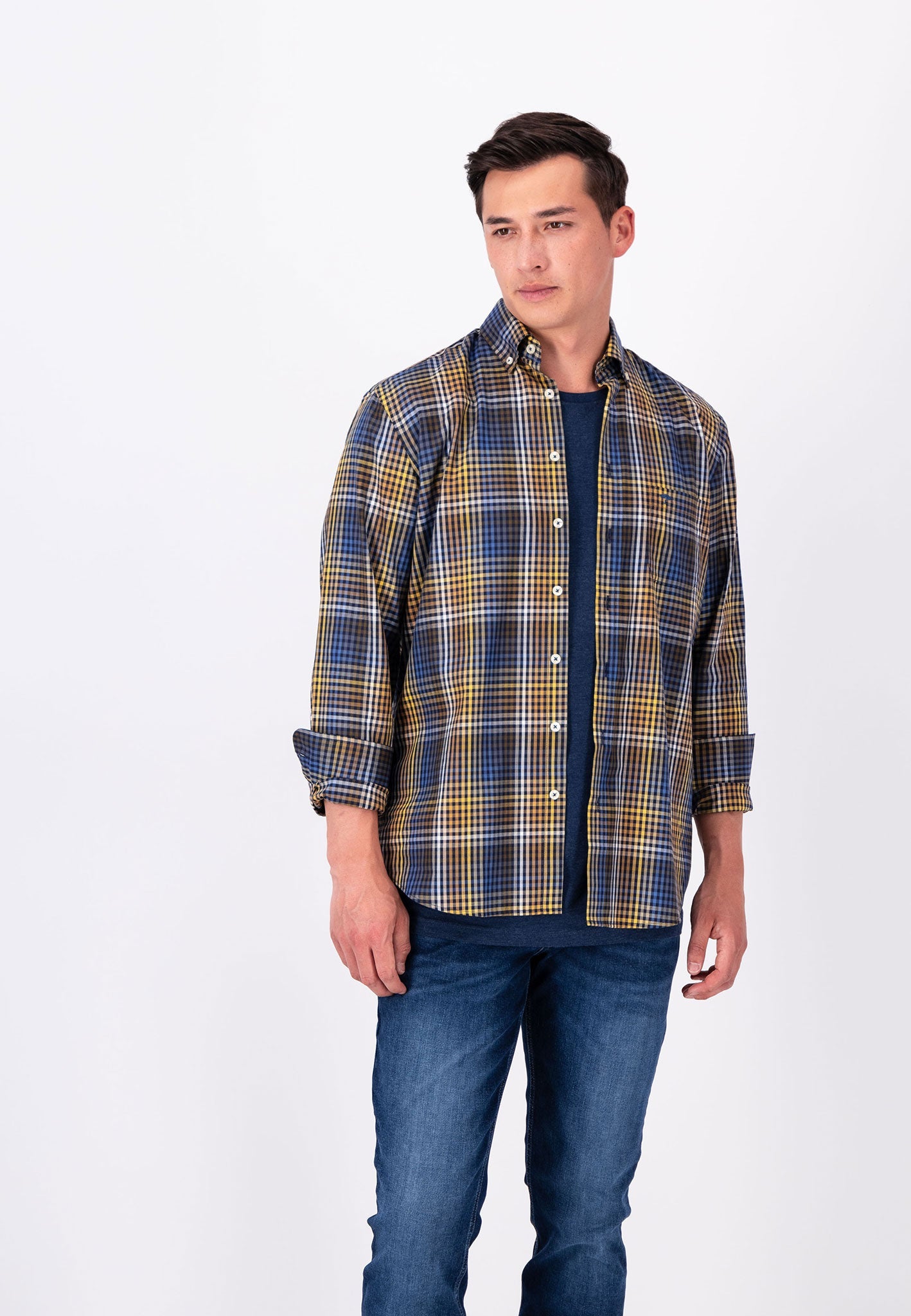 Fynch Hatton Camel Check Shirt - Navy
