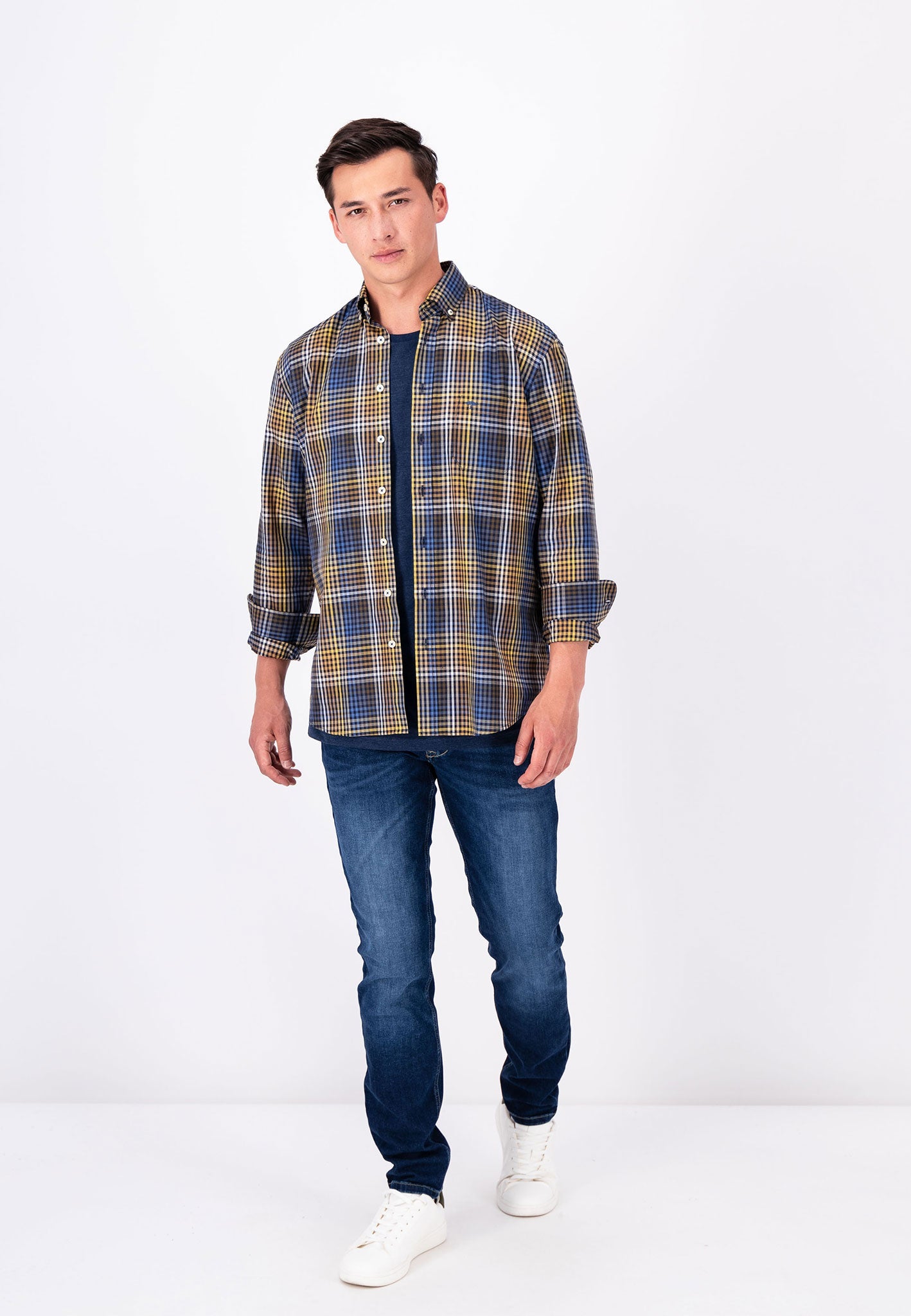 Fynch Hatton Camel Check Shirt - Navy