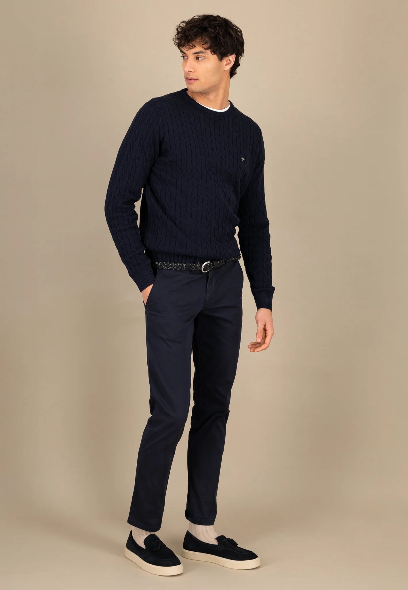Fynch Hatton Round Neck Cable Jumper - Navy