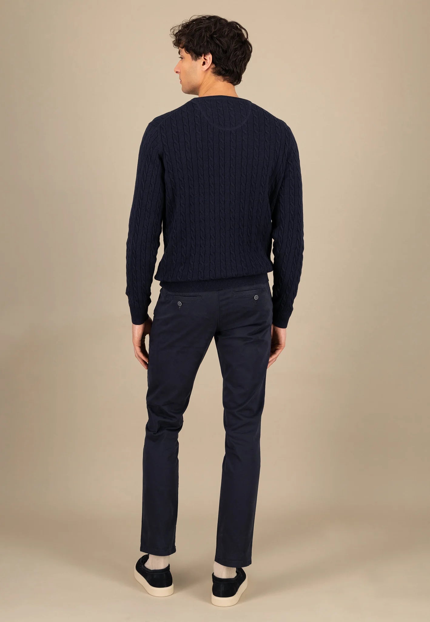 Fynch Hatton Round Neck Cable Jumper - Navy