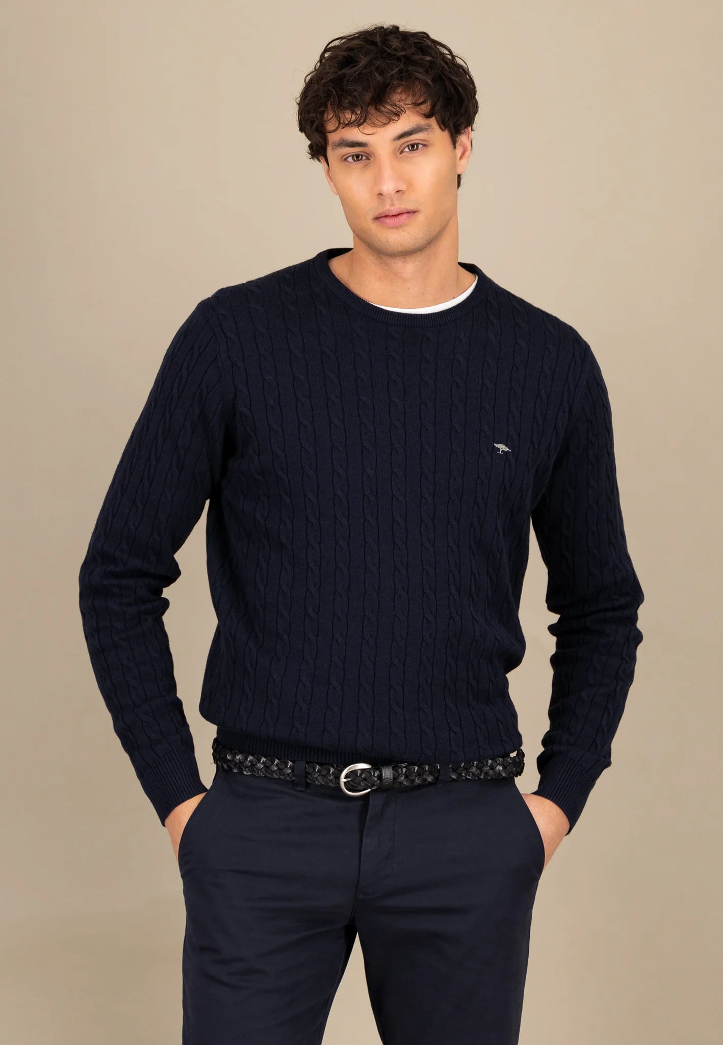 Fynch Hatton Round Neck Cable Jumper - Navy