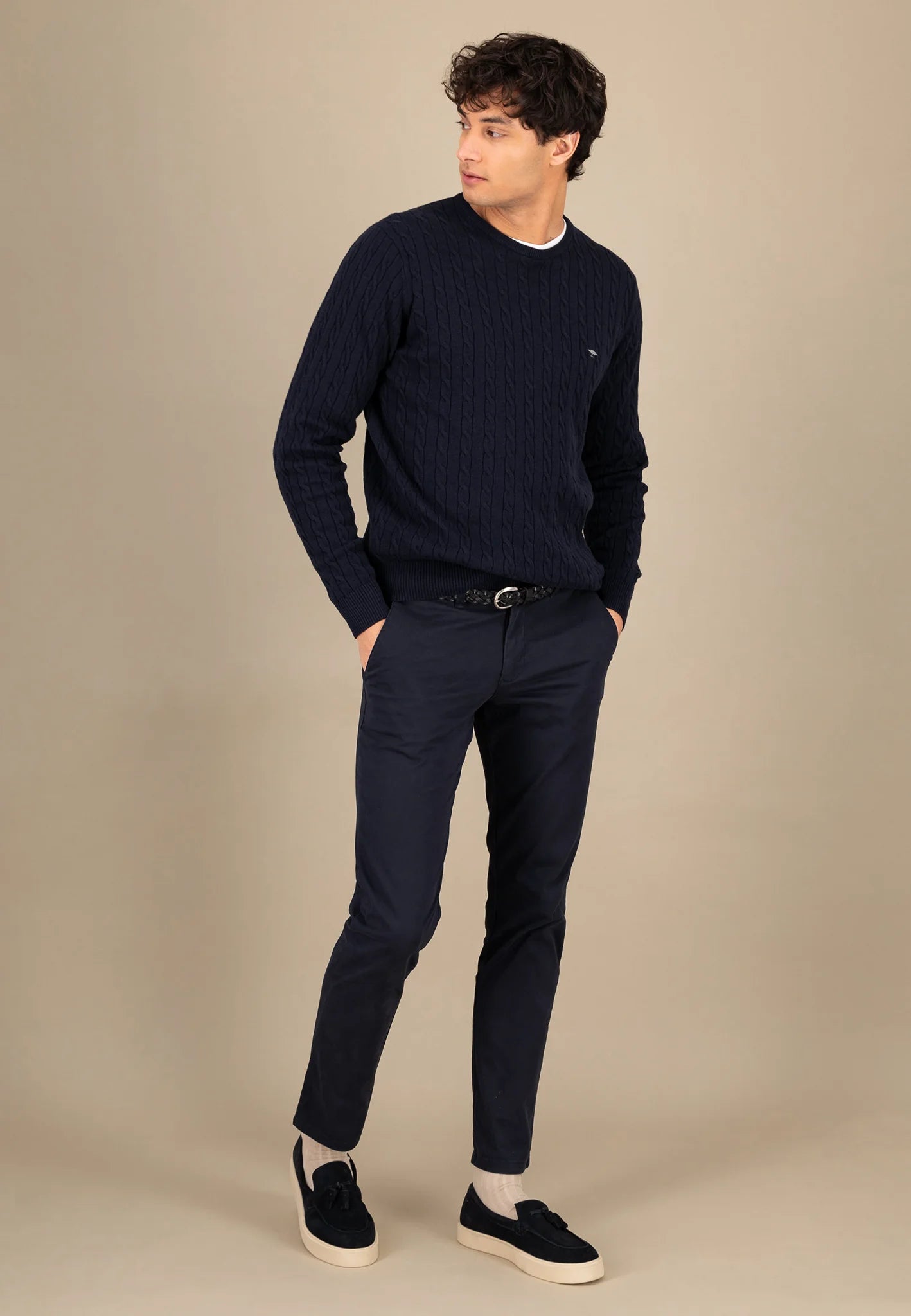 Fynch Hatton Round Neck Cable Jumper - Navy