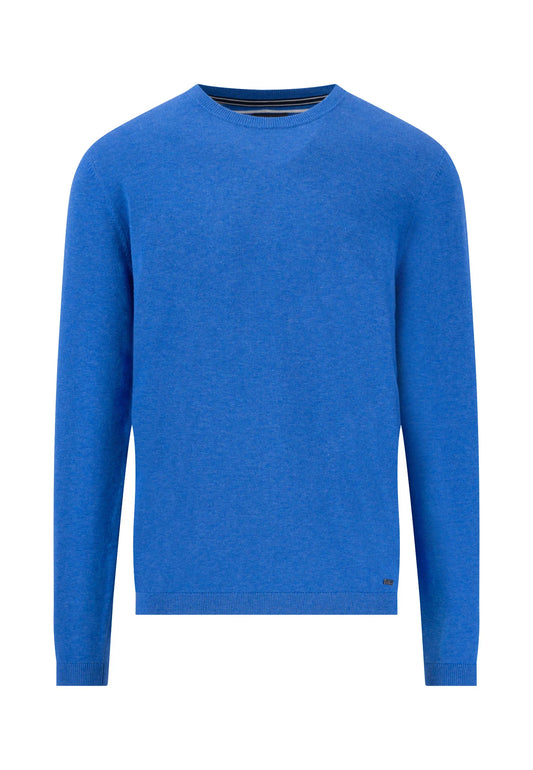 Fynch Hatton Cotton Knit Round Neck Jumper- Strong Blue