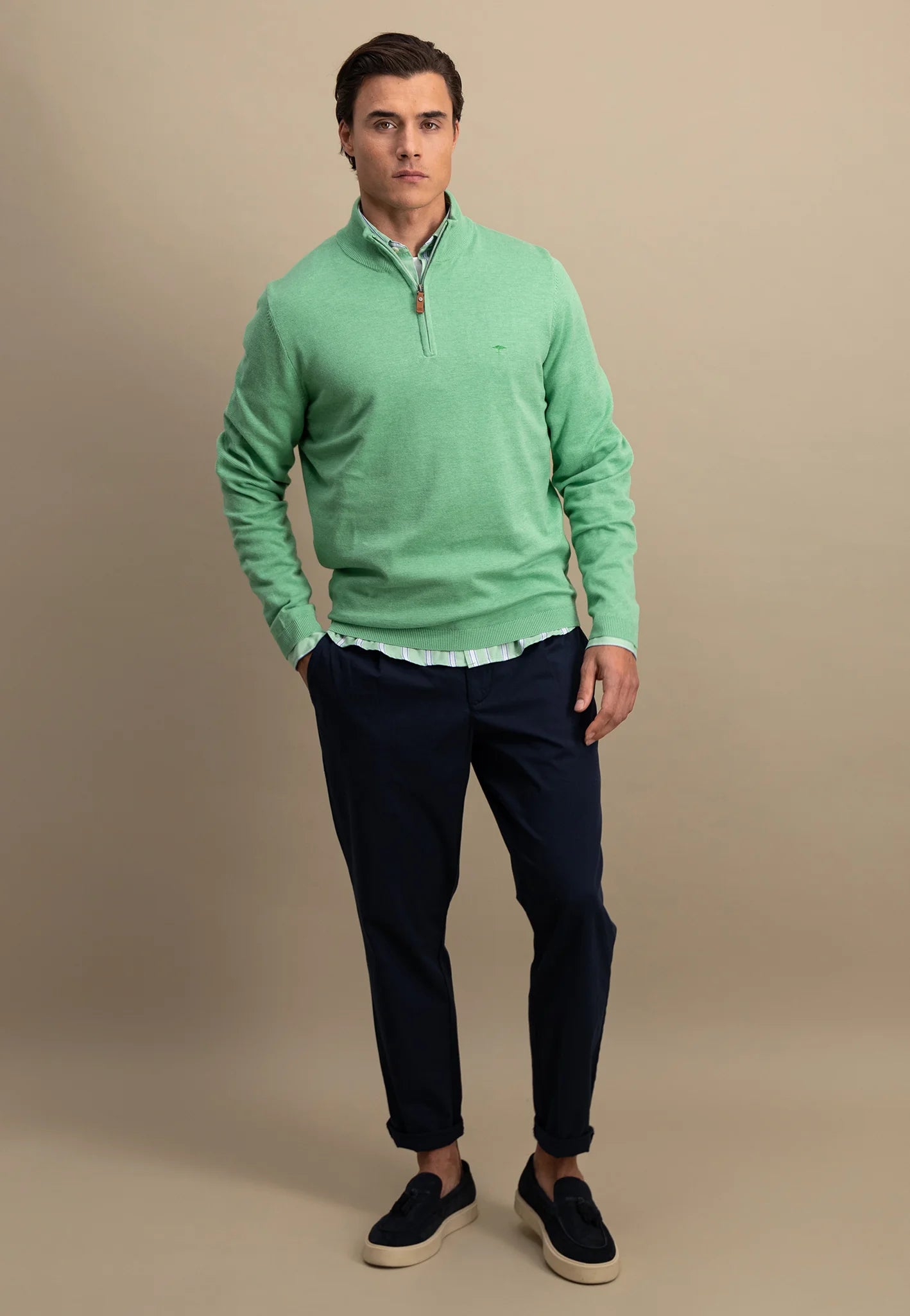 Fynch Hatton Cotton Troyer Zip Jumper - Turf Green