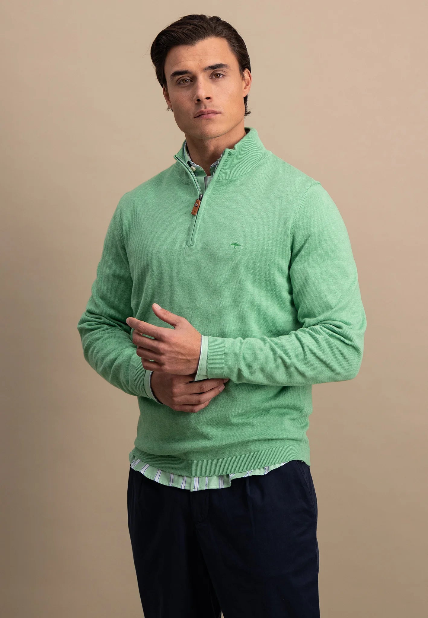 Fynch Hatton Cotton Troyer Zip Jumper - Turf Green