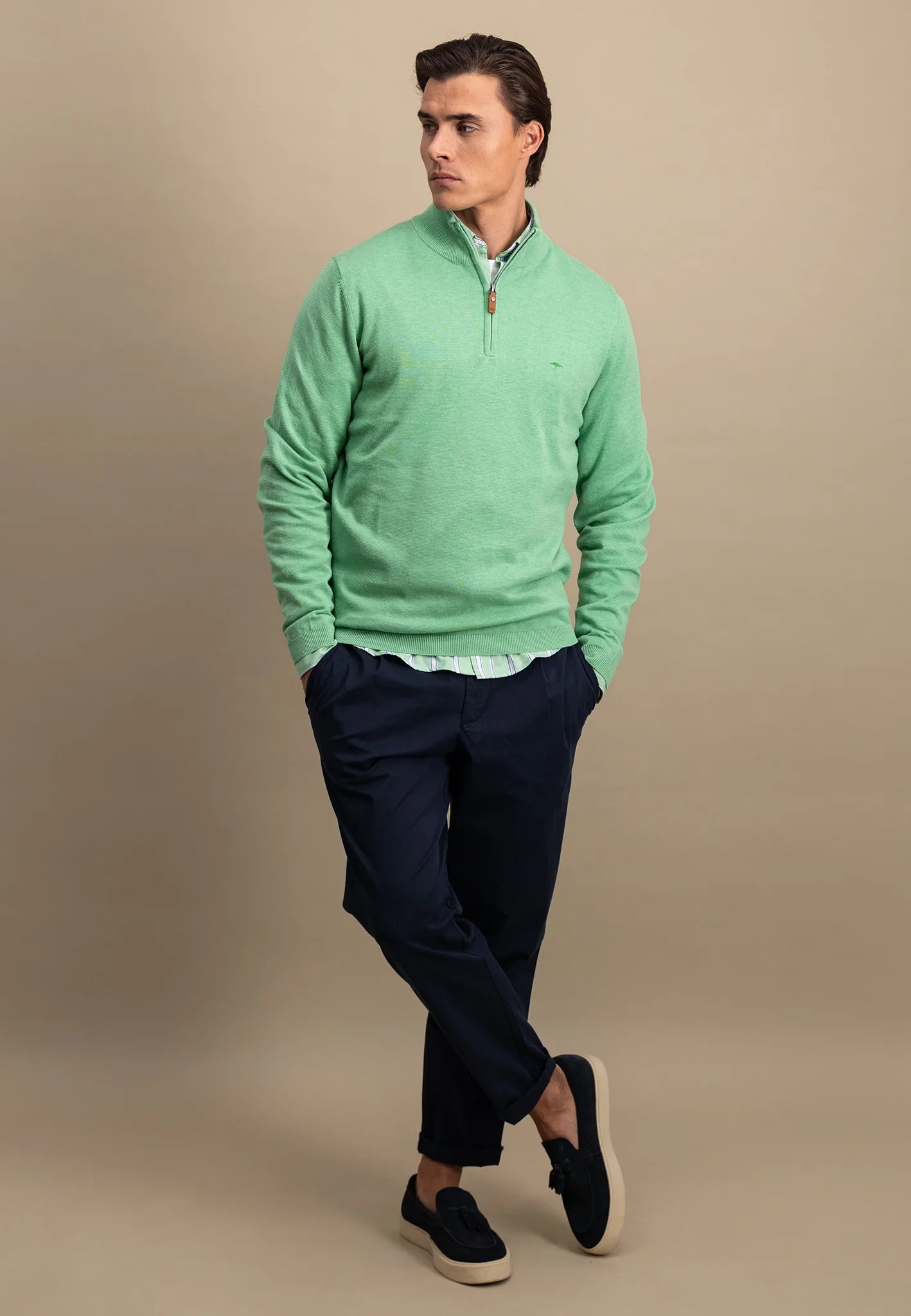Fynch Hatton Cotton Troyer Zip Jumper - Turf Green
