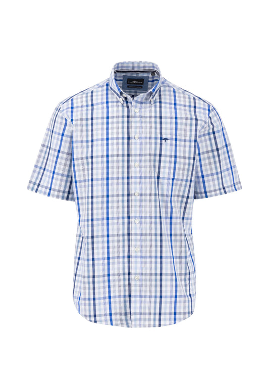 Fynch Hatton Combi Check Short Sleeve Shirt- Strong Blue