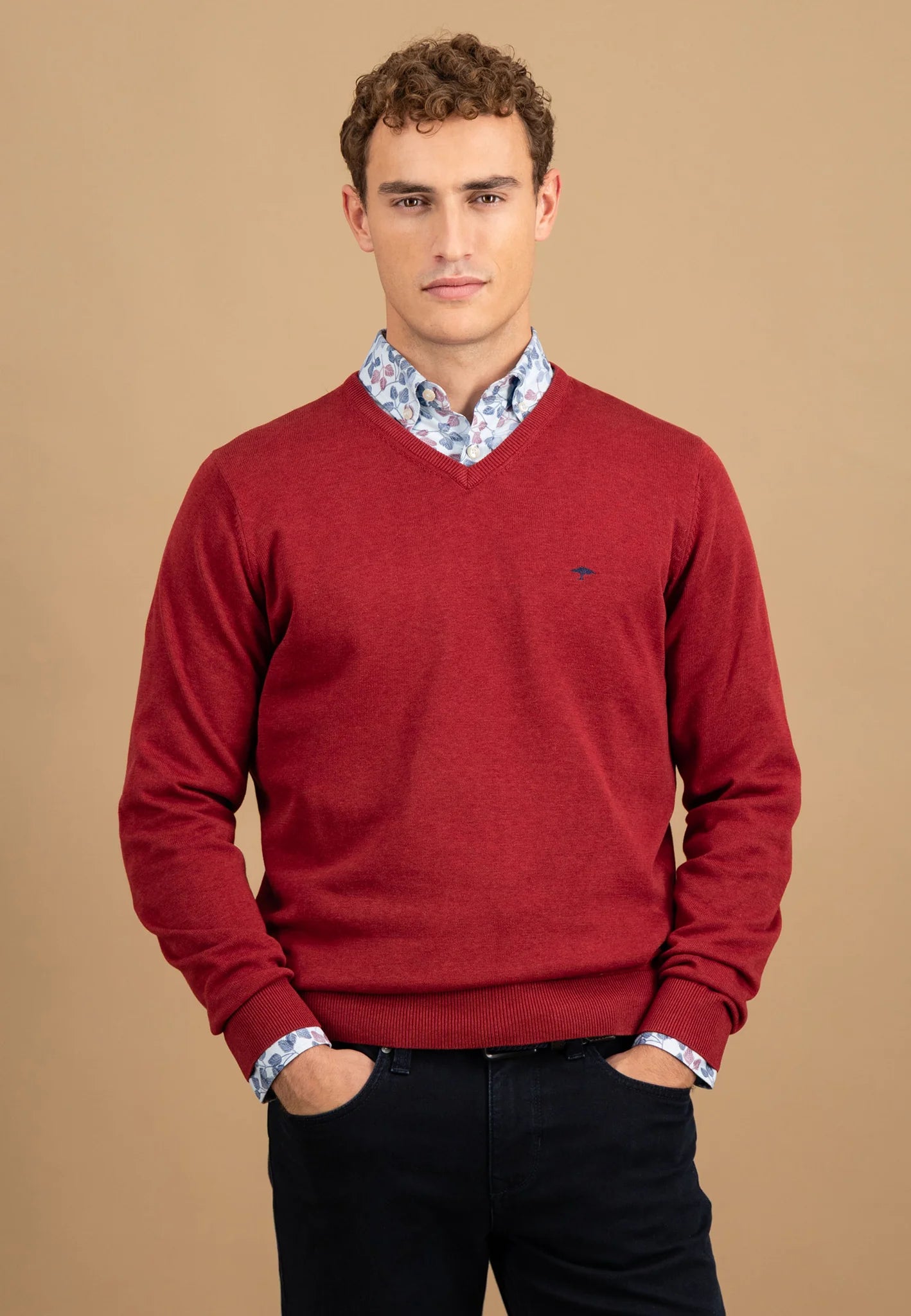 Fynch Hatton V-Neck SuperFine Jumper - Garnet Red