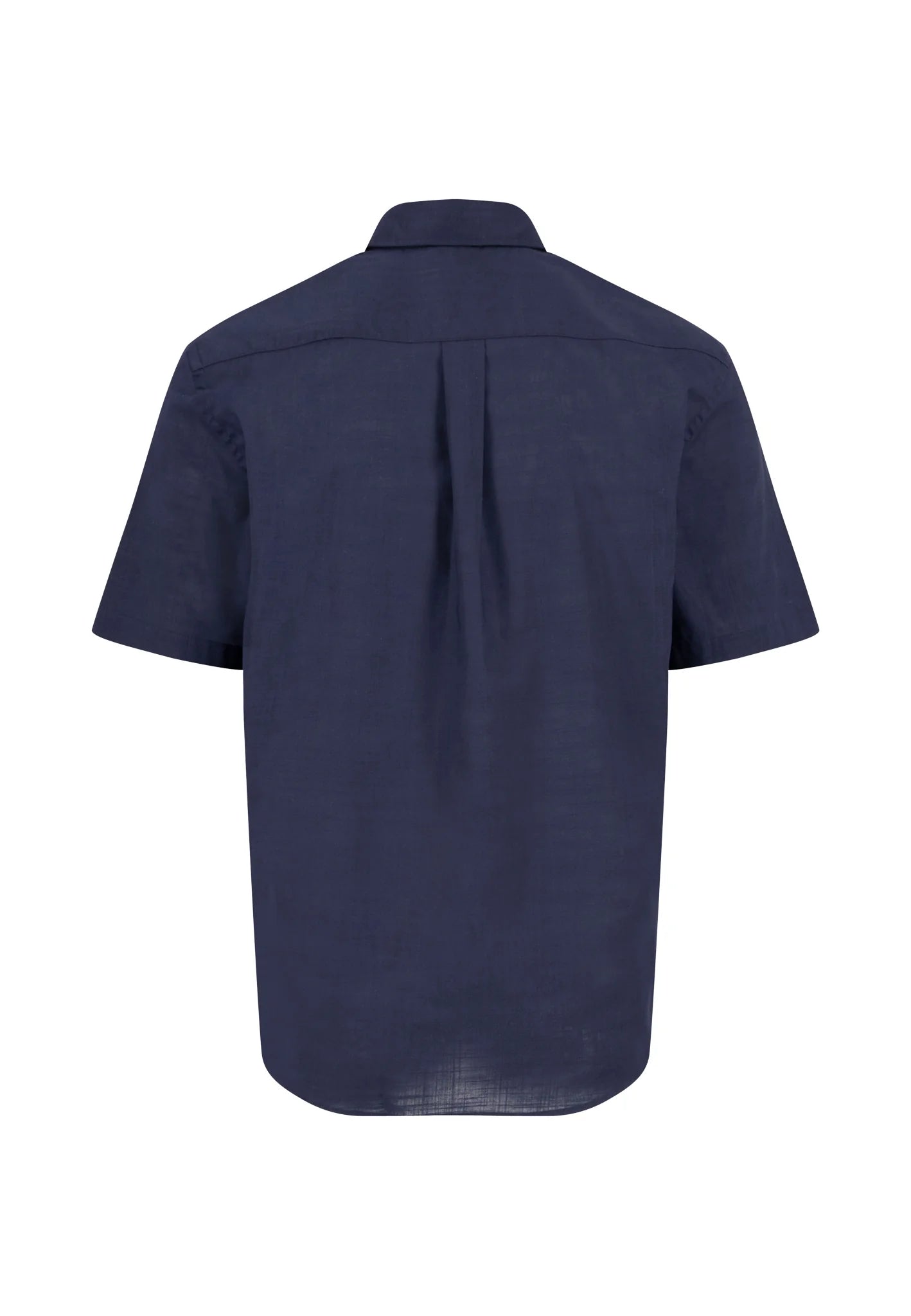 Navy blue short-sleeve shirt on a white background