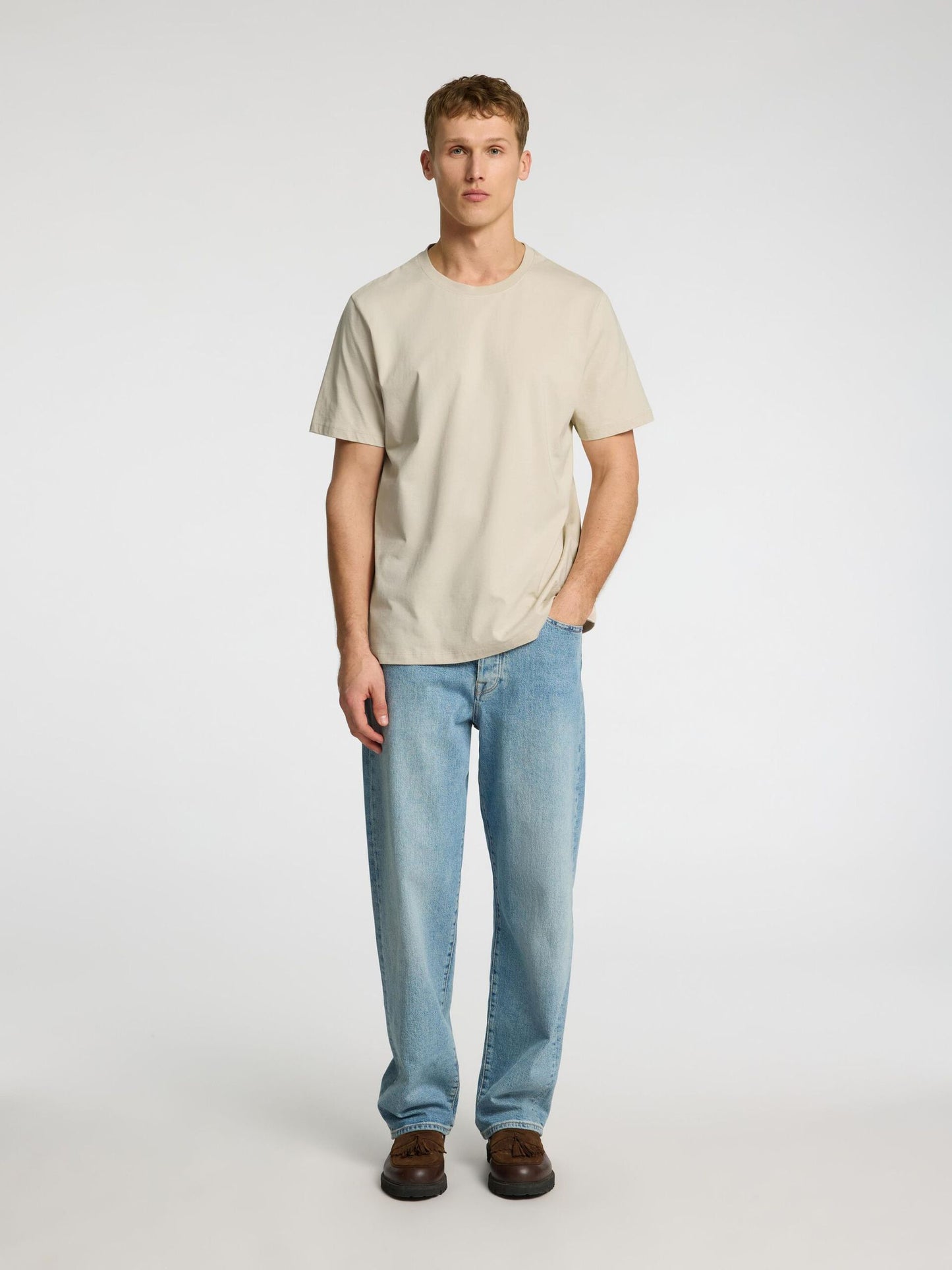 Selected Homme Haspen Round Neck Tee - Oatmeal