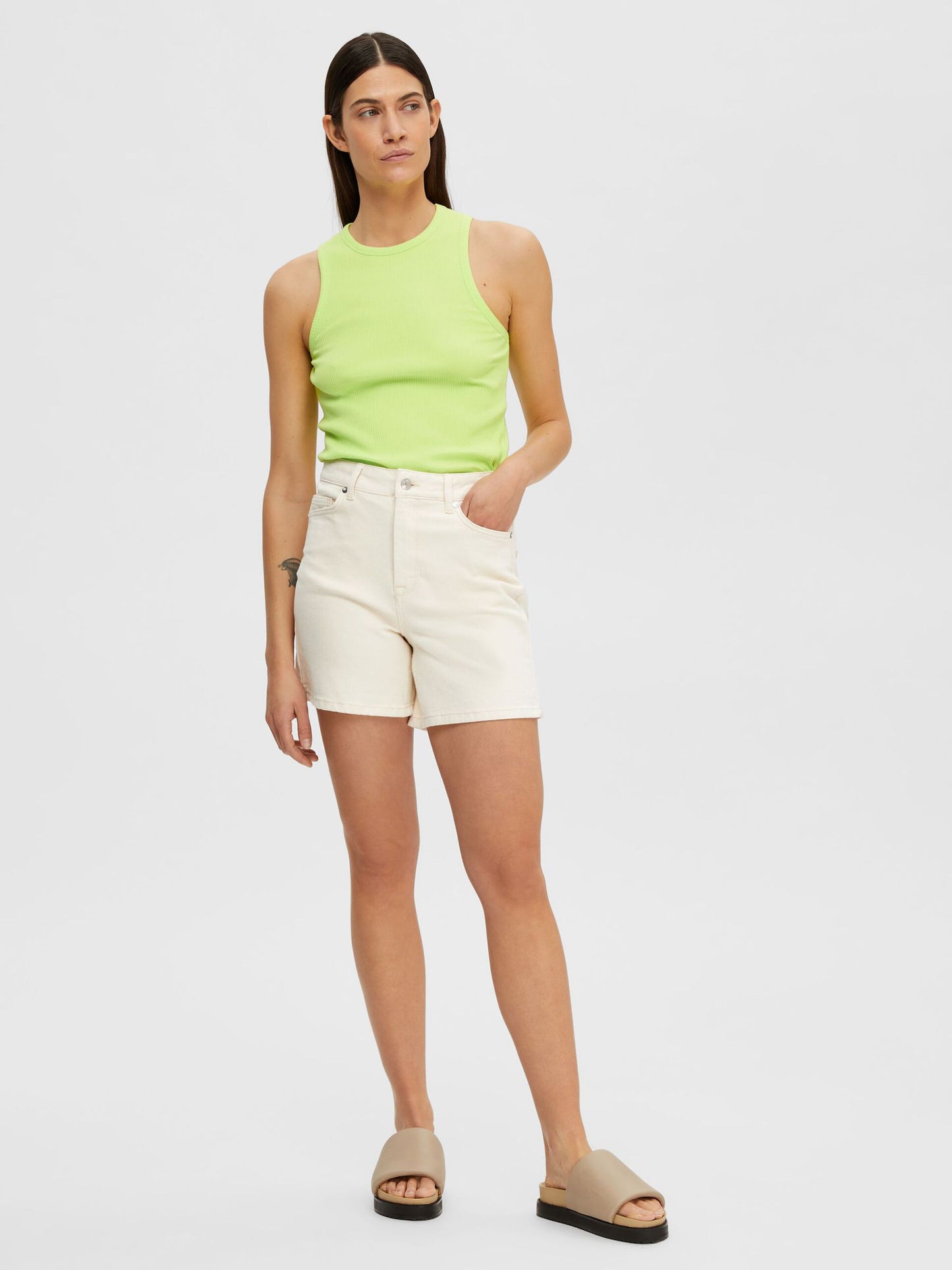 Selected Femme High-Waisted Denim Shorts - White
