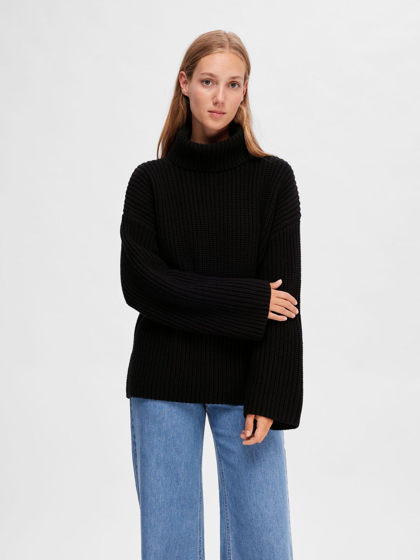 Selected Femme Oversized Knit Roll Neck Jumper - Black