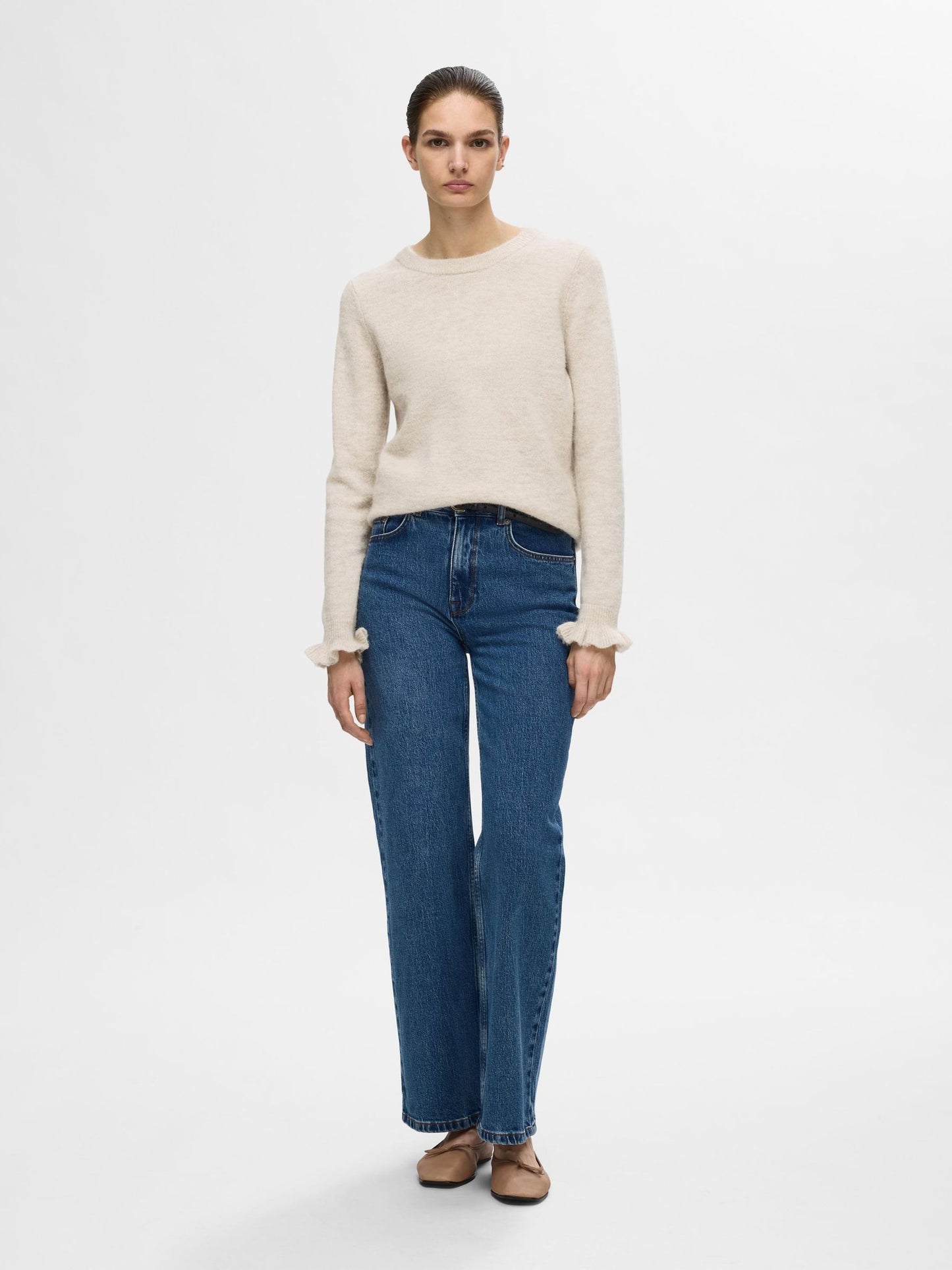 Selected Lulu Frill Round Neck Knit - Birch
