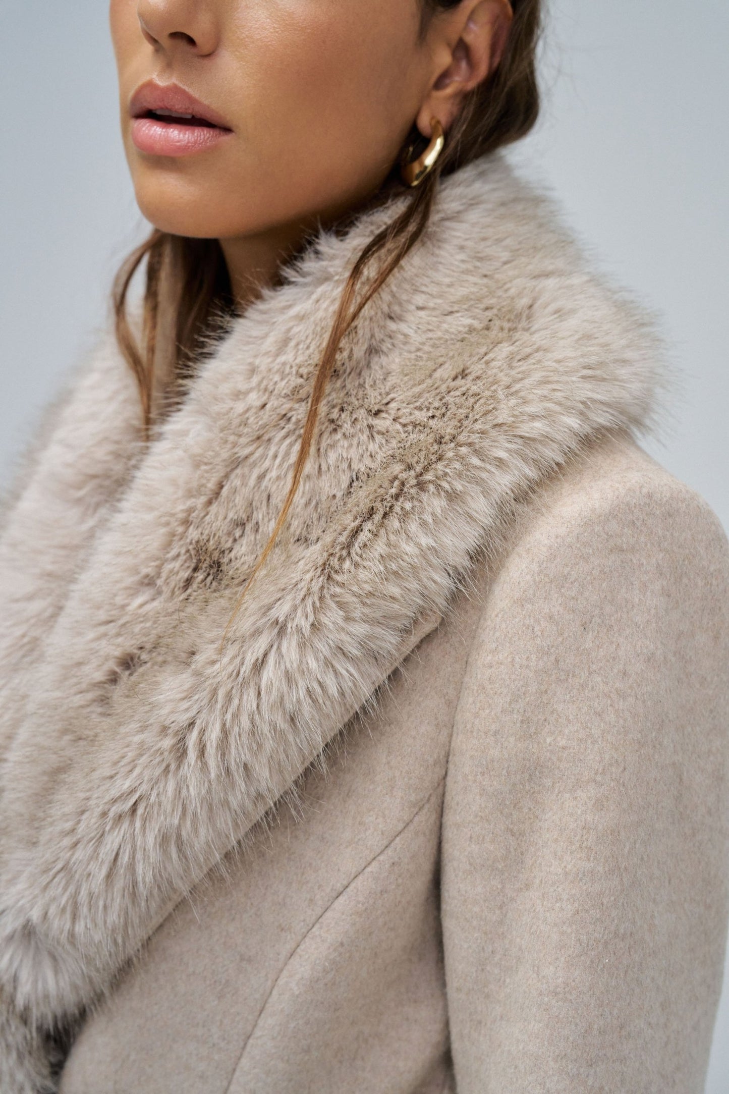 Salsa Faux Fur Collar Belted Coat - Oatmeal