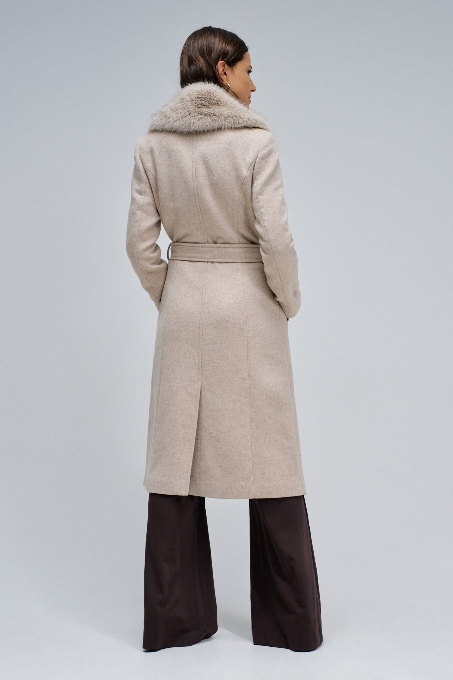 Salsa Faux Fur Collar Belted Coat - Oatmeal