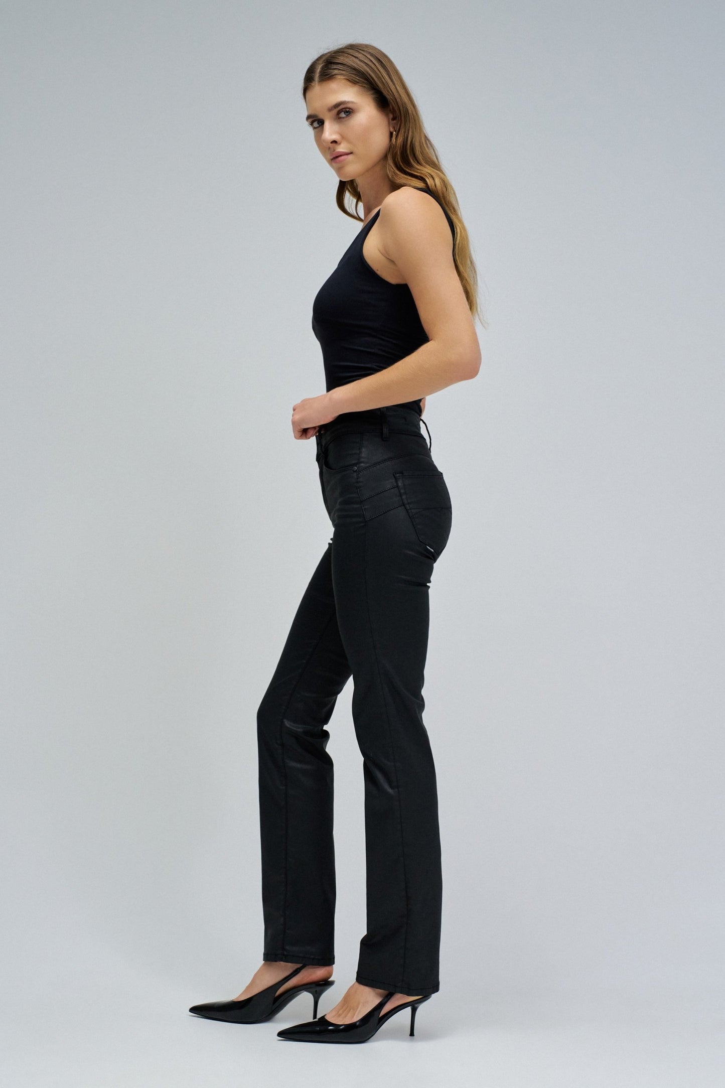 Salsa Coated Push In Medium Rise Straight Leg Jean - Black
