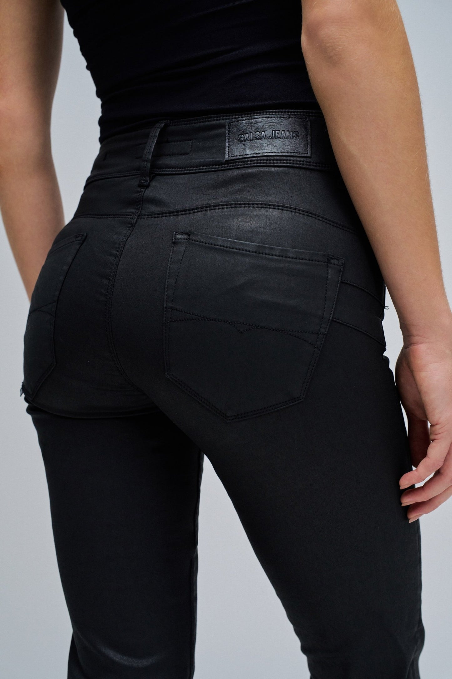 Salsa Coated Push In Medium Rise Straight Leg Jean - Black