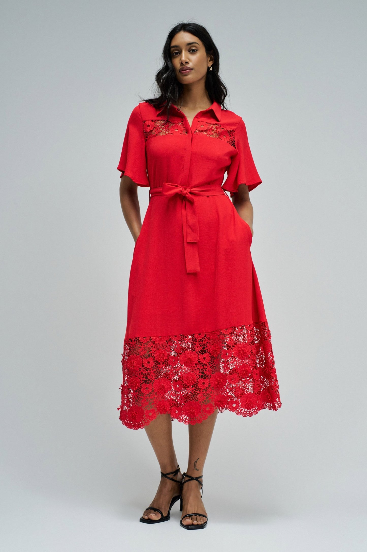 Salsa Jeans Lace Trim Midi Dress - Red