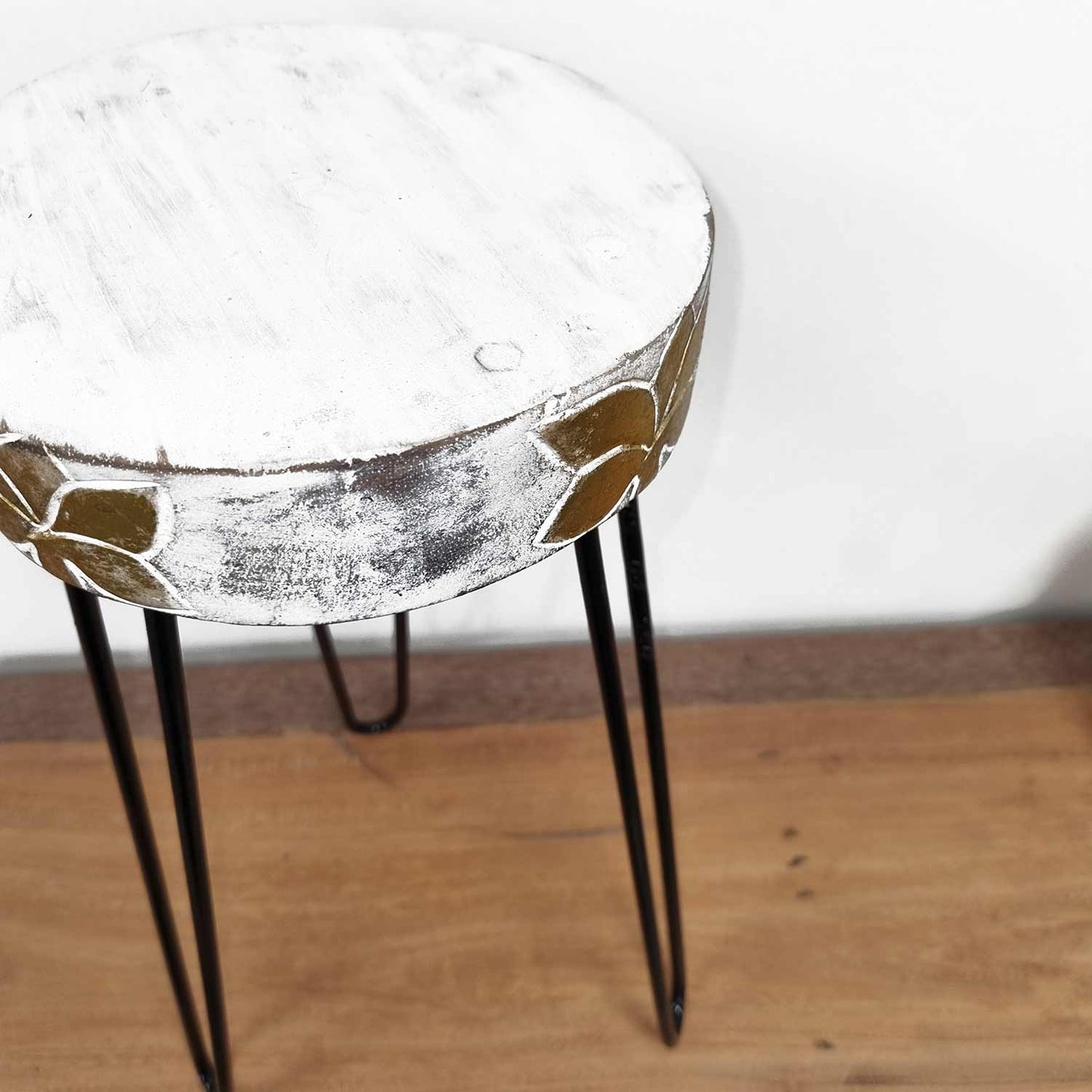 Albasia Wood Plant Stand - Whitewash & Gold Detail