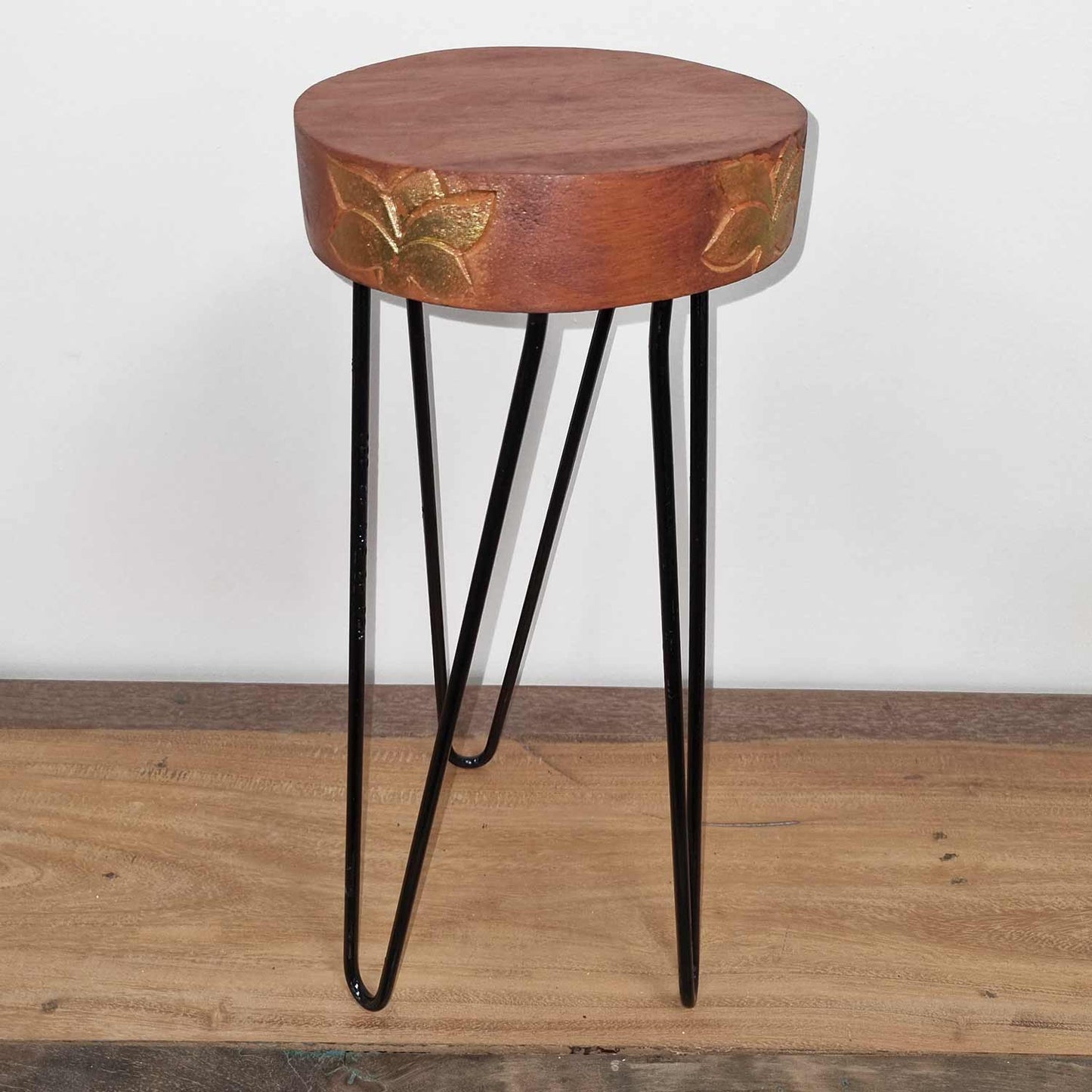 Albasia Wood Plant Stand - Natural & Gold Detail