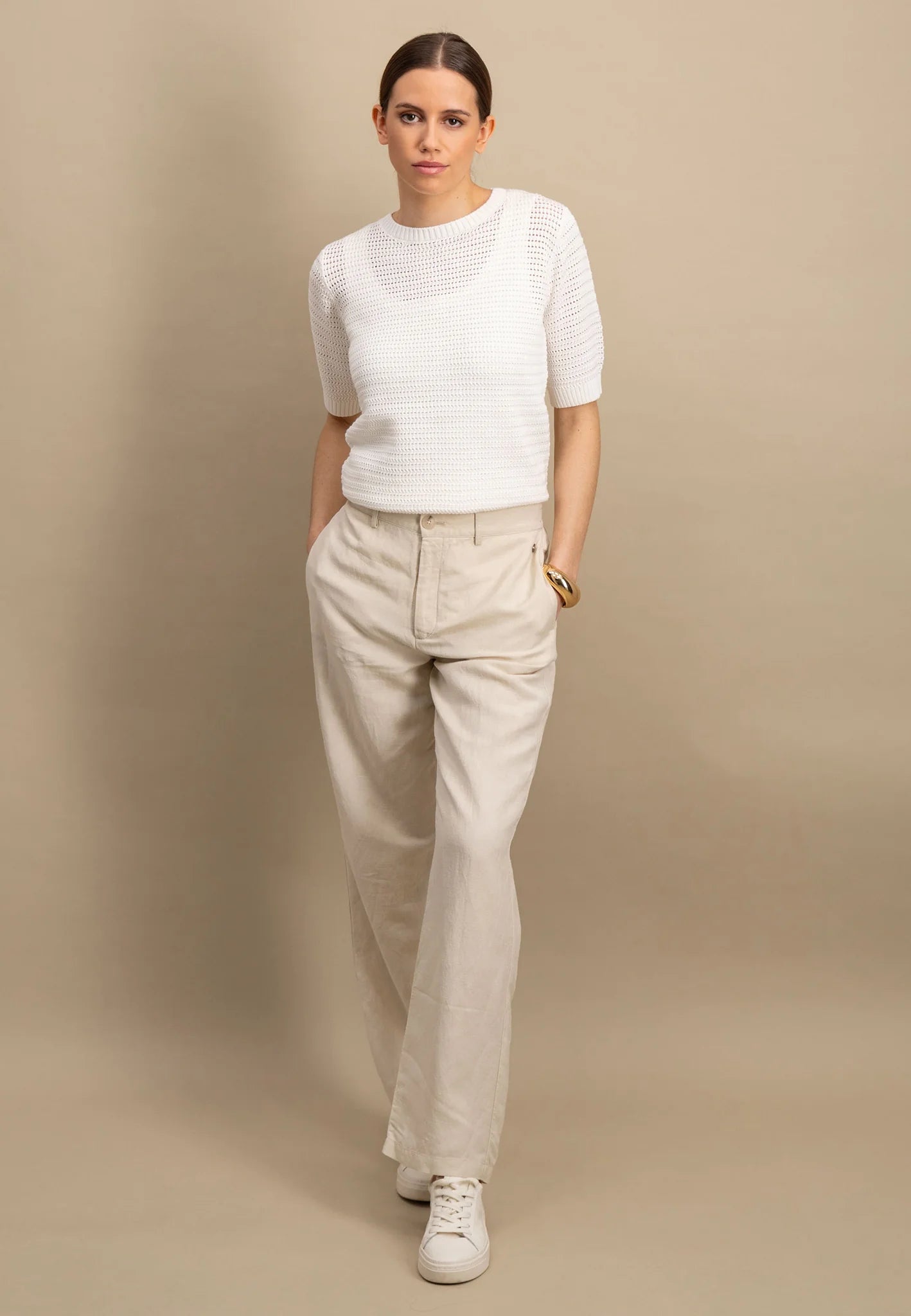 Fynch Hatton Pants Straight Linen Mix - Sand