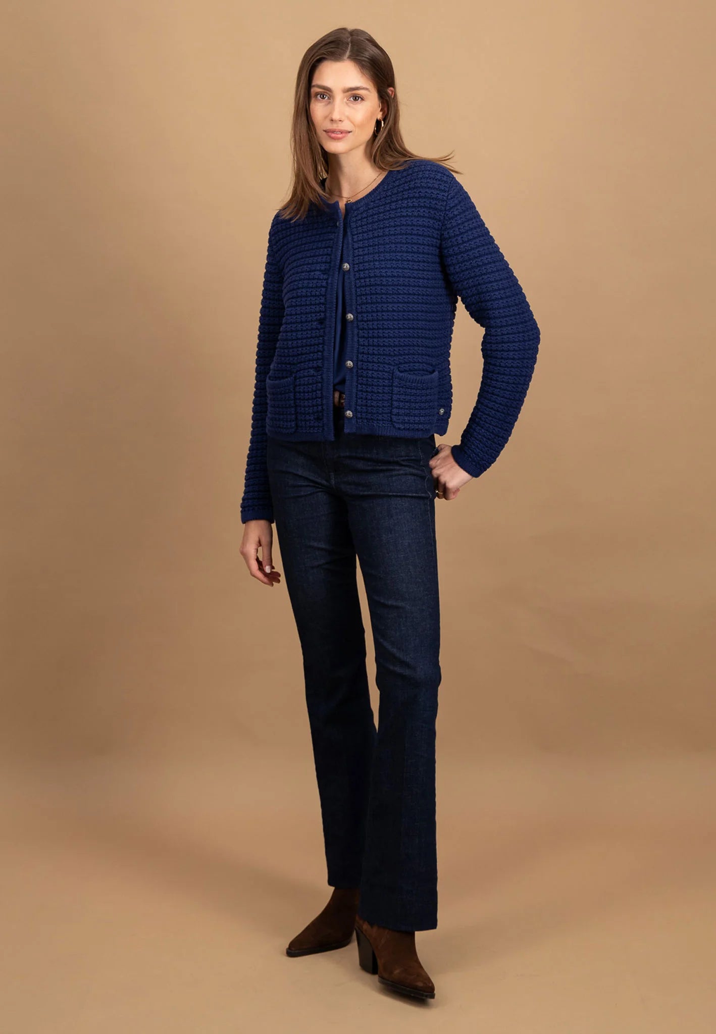 Fynch Hatton Round Neck Knit Cardigan - Aura Blue