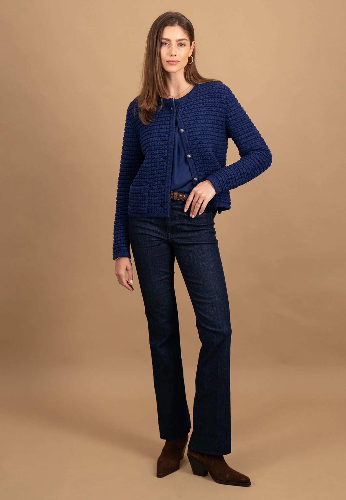 Fynch Hatton Round Neck Knit Cardigan - Aura Blue