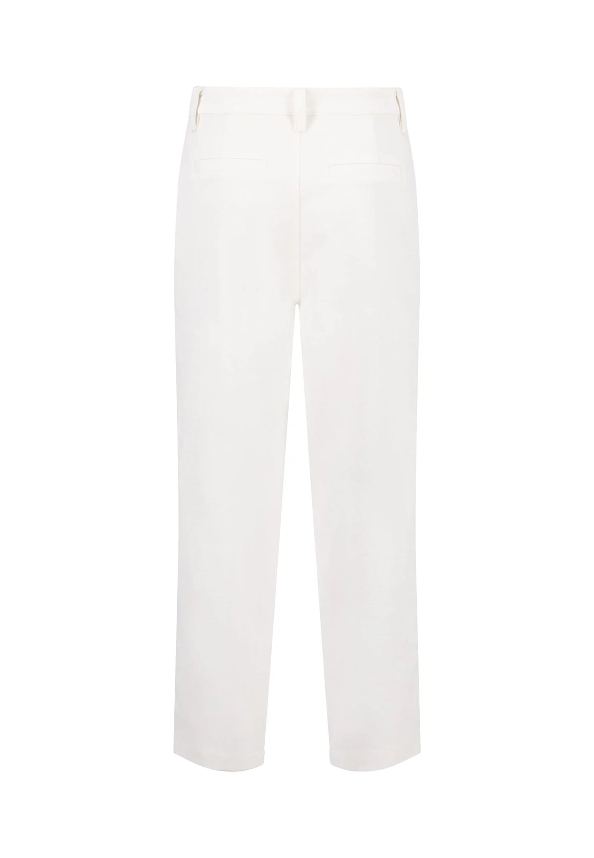 A pair of off-white, straight-leg trousers shown flat against a solid white background.