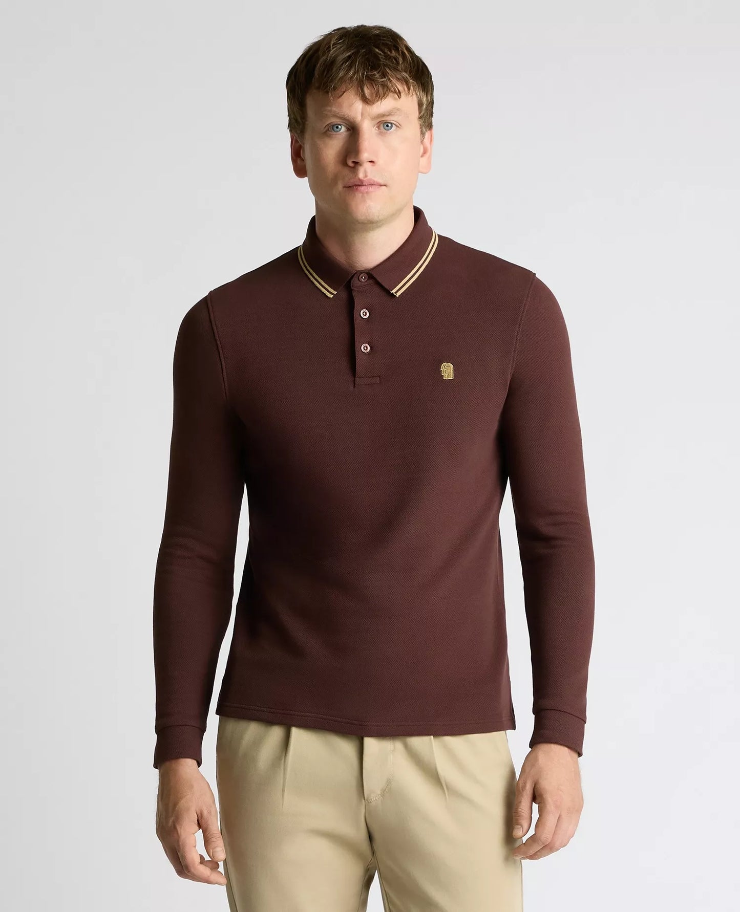 Remus Uomo Long Sleeve Pique Polo Shirt - Brown