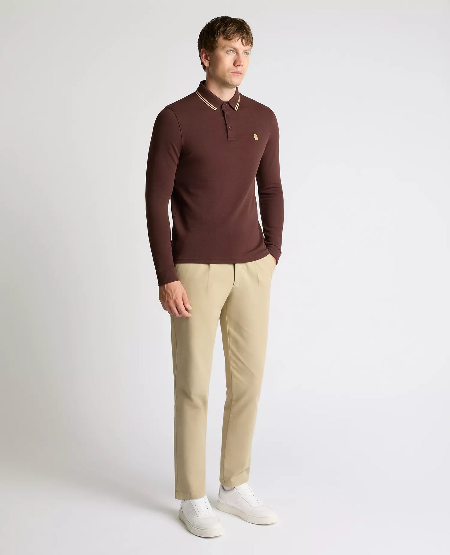 Remus Uomo Long Sleeve Pique Polo Shirt - Brown