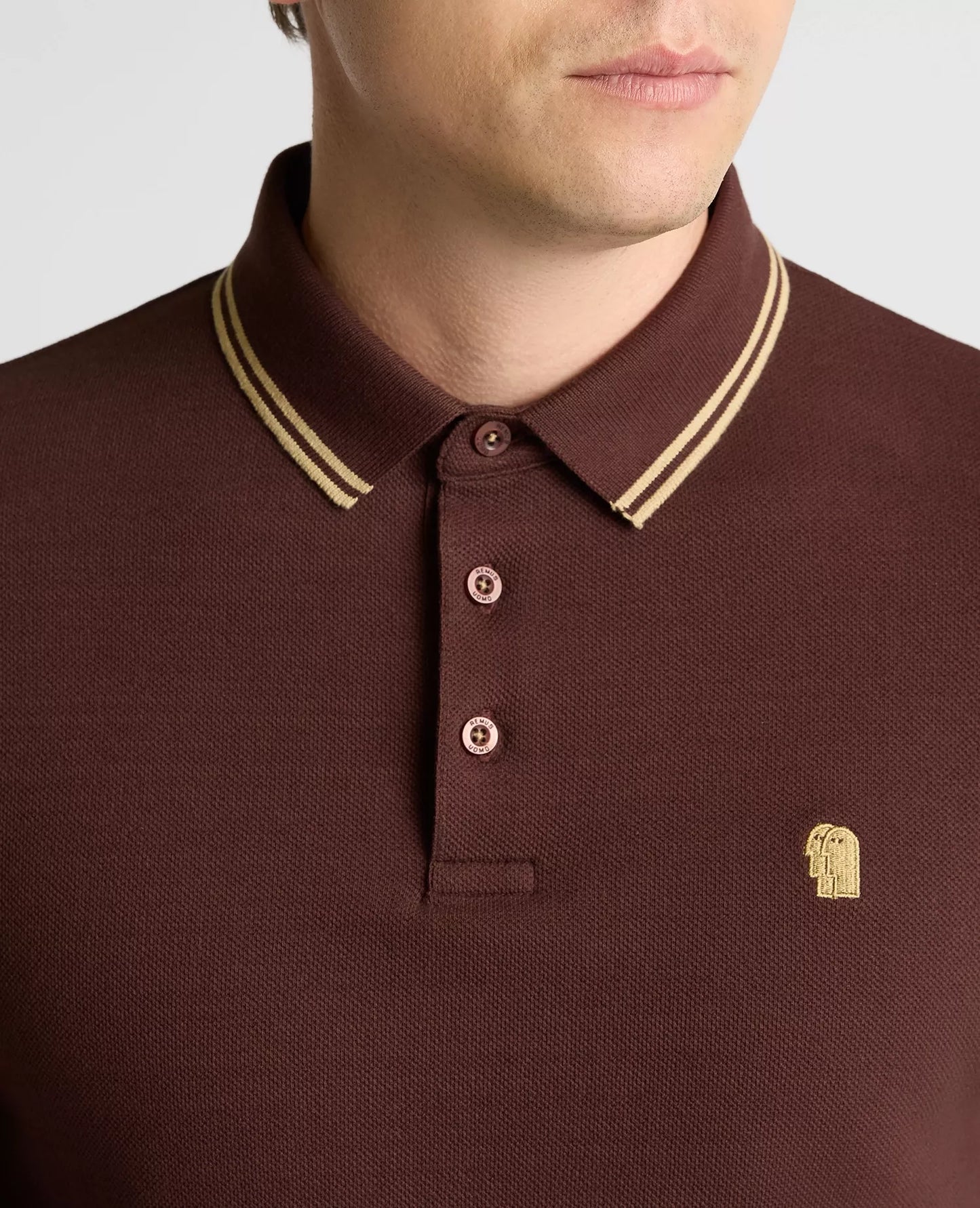 Remus Uomo Long Sleeve Pique Polo Shirt - Brown