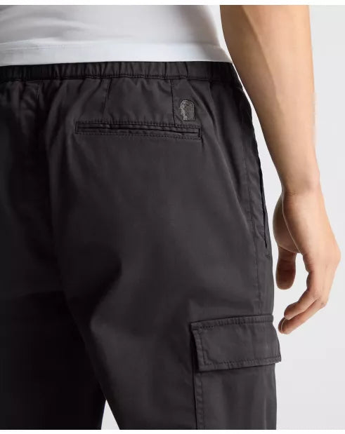 Black cargo shorts with a brand logo on a white background