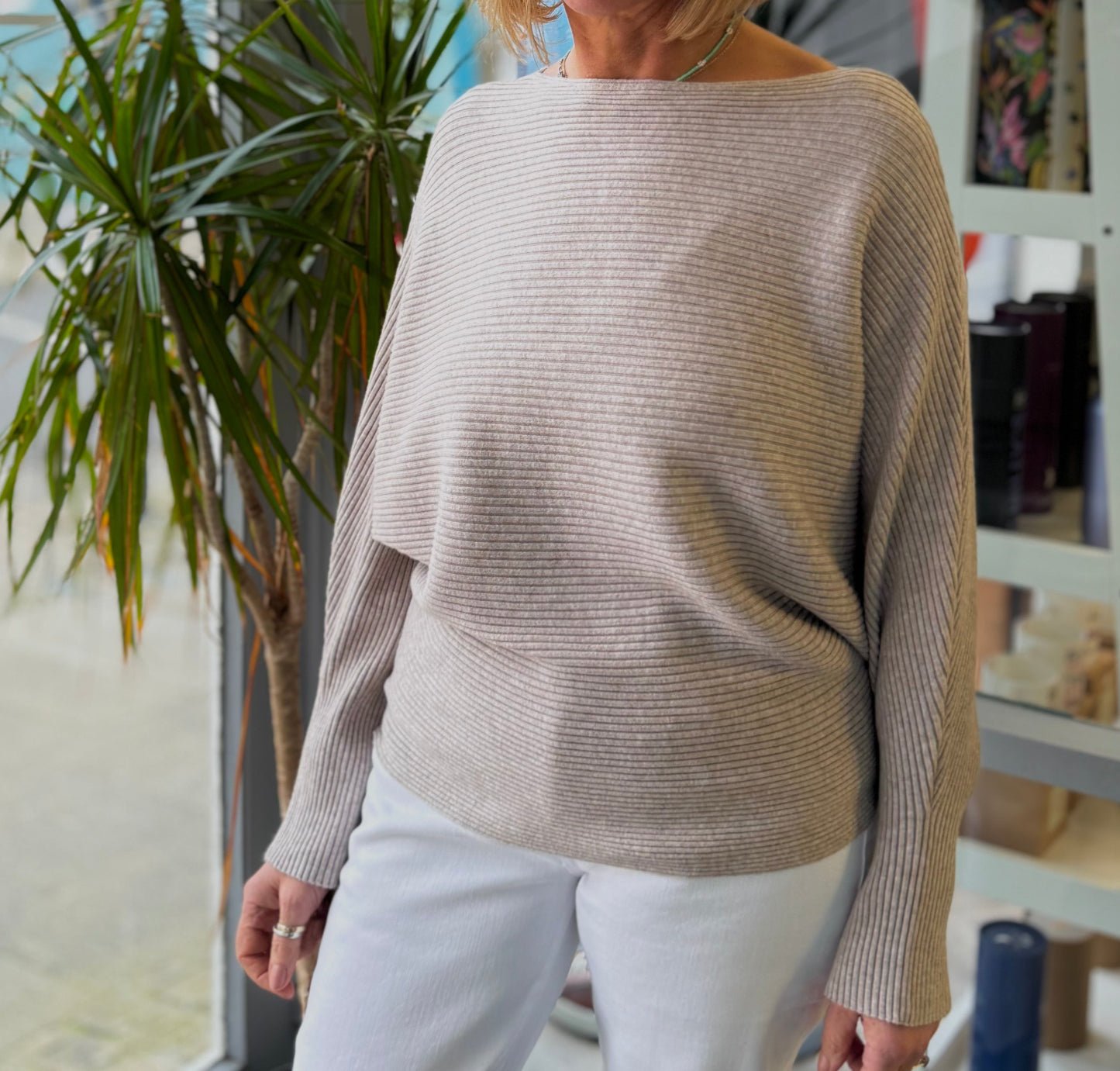 Deck Ribbed Batwing Knit - Beige