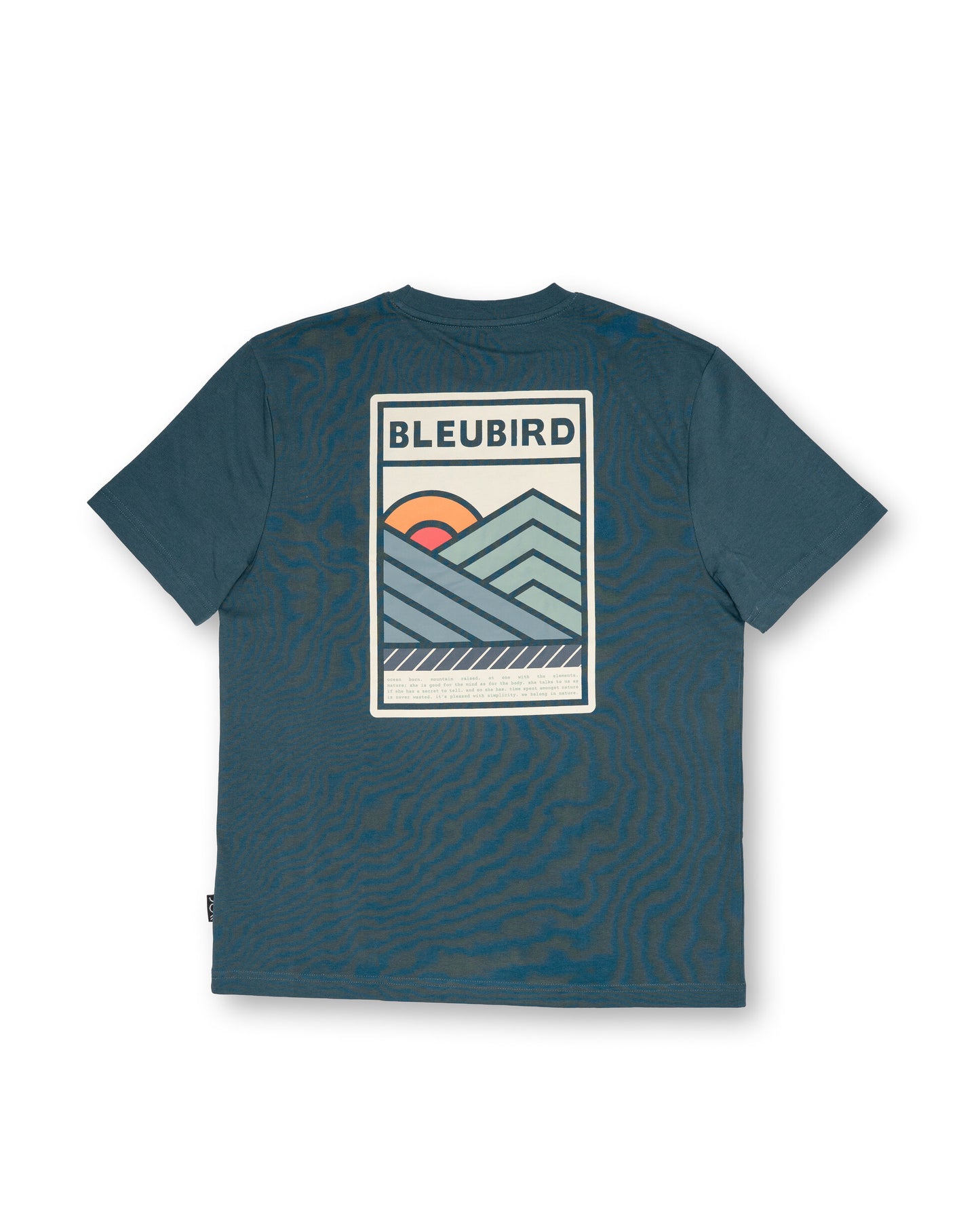 Blue t-shirt with a graphic design and 'BLEUBIRD' branding on a white background