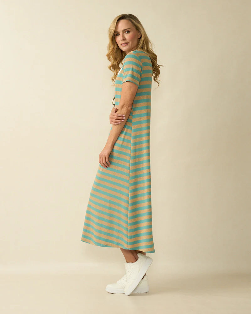 Deck Striped Round Neck Dress - Aqua