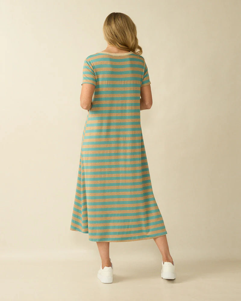 Deck Striped Round Neck Dress - Aqua