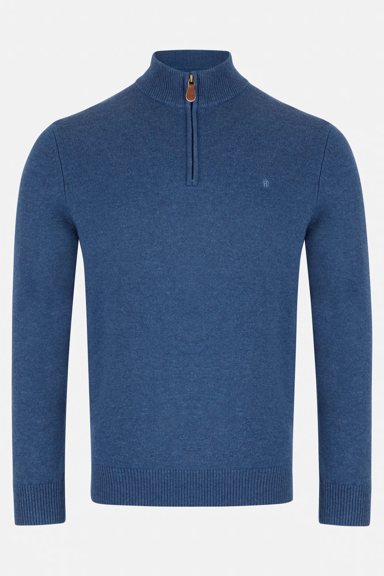 Blue sweater with a quarter zip on a white background