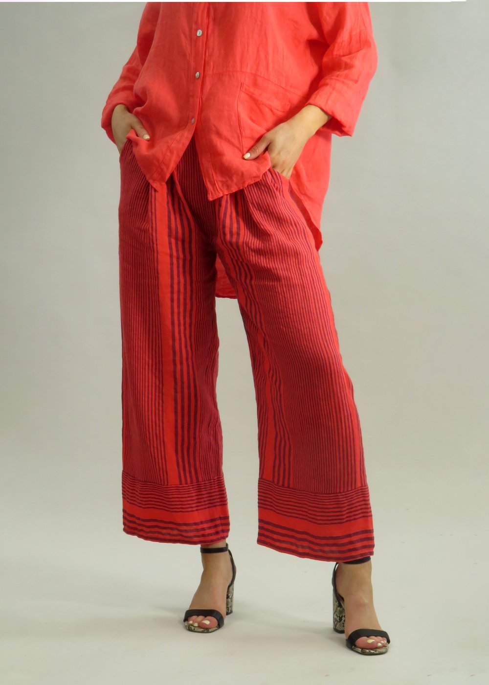 Deck Linen Striped Trouser - Coral
