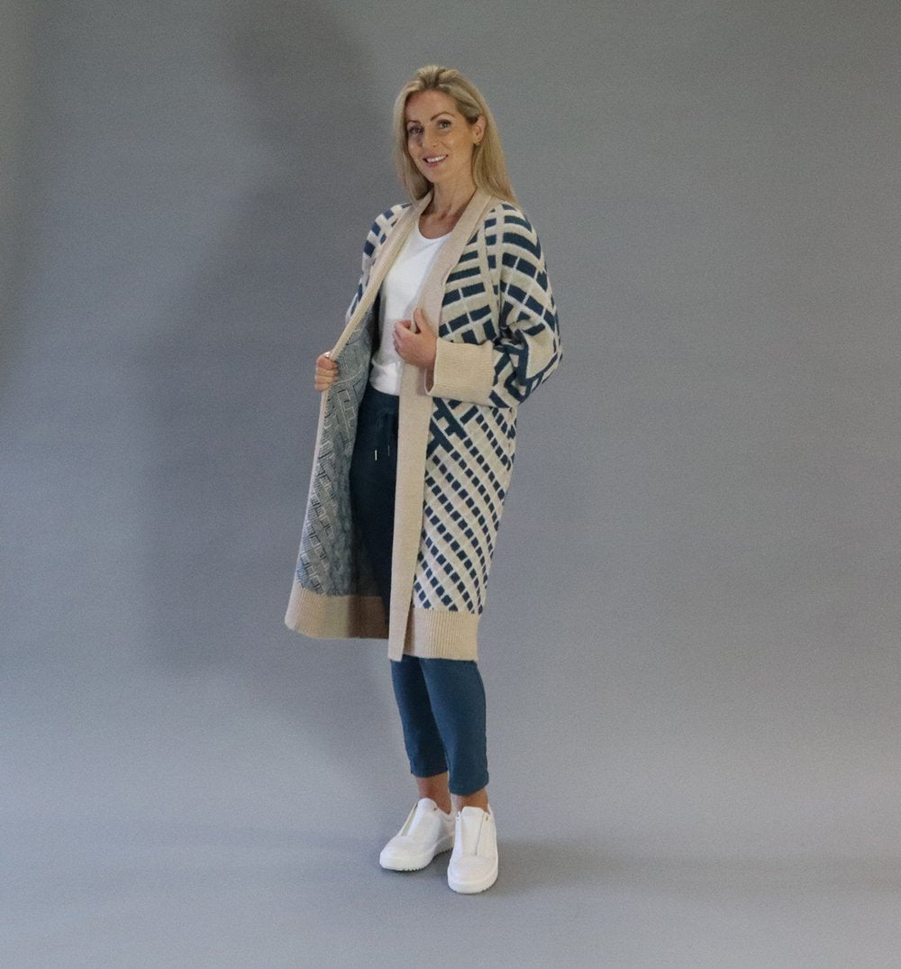 Deck Chunky Knit Cardigan - Teal/Cream