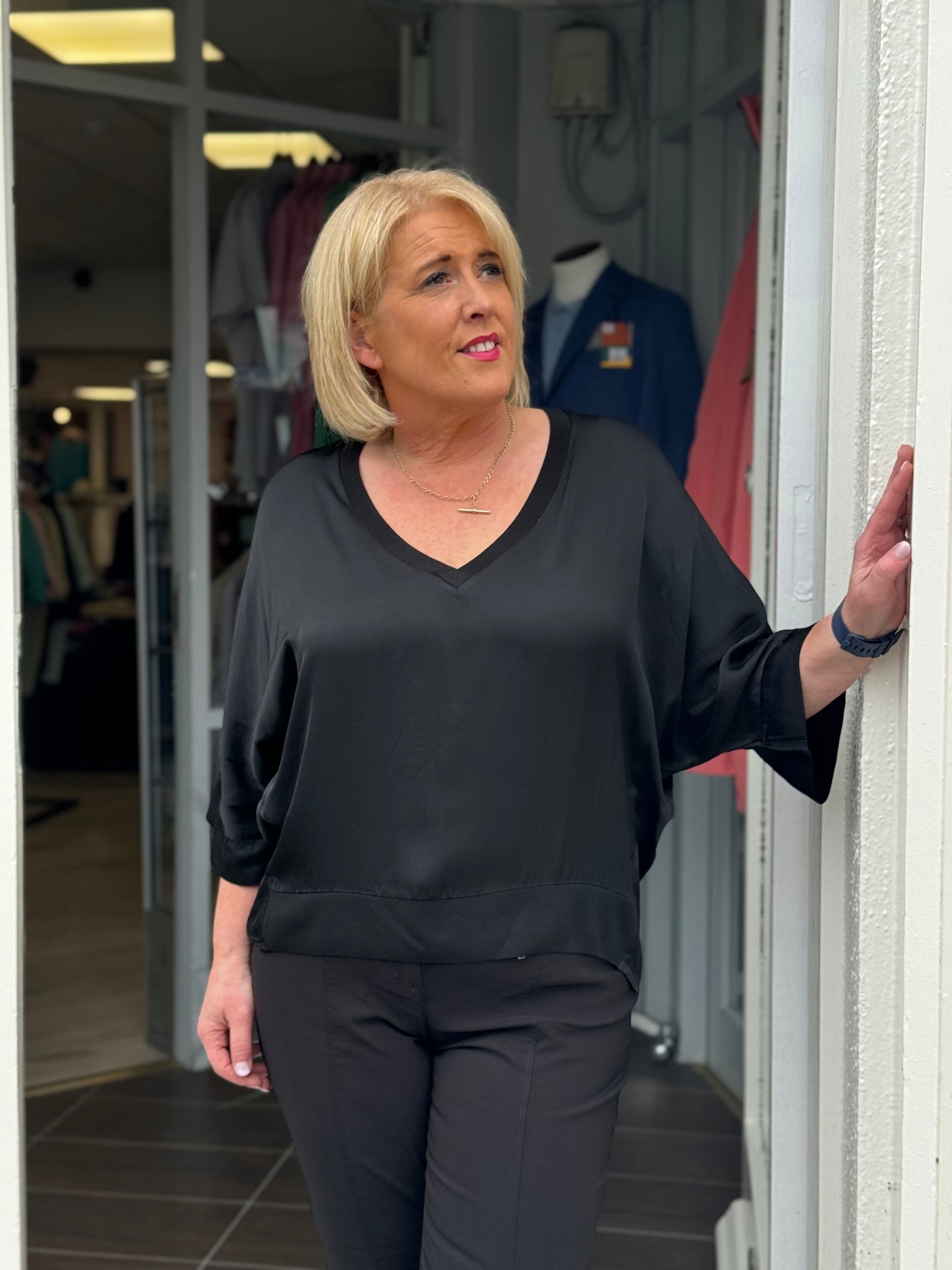 Deck V-Neck Satin Top - Black
