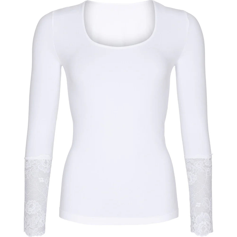 White long-sleeve top with lace cuffs on a white background