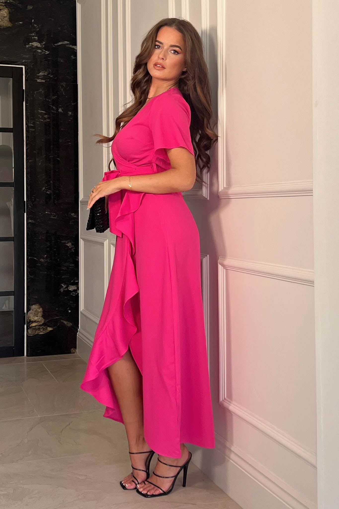 Girl In Mind Farrah Split Hem Frill Detail Maxi Dress - Pink