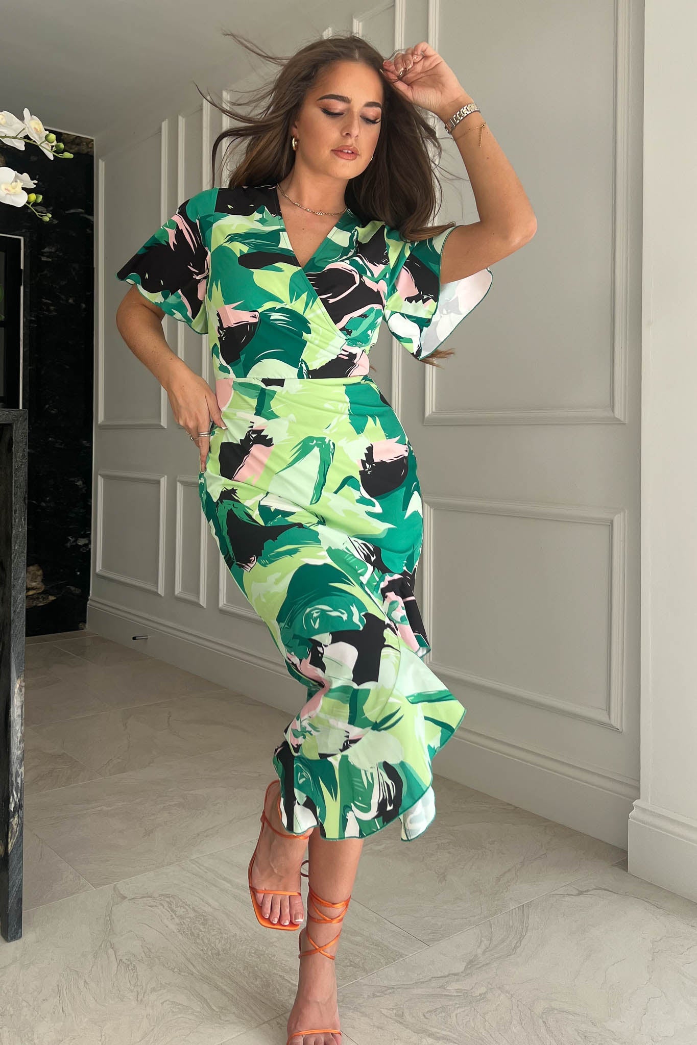 Girl in Mind Vanessa Green & Pink Wrap Midi Dress