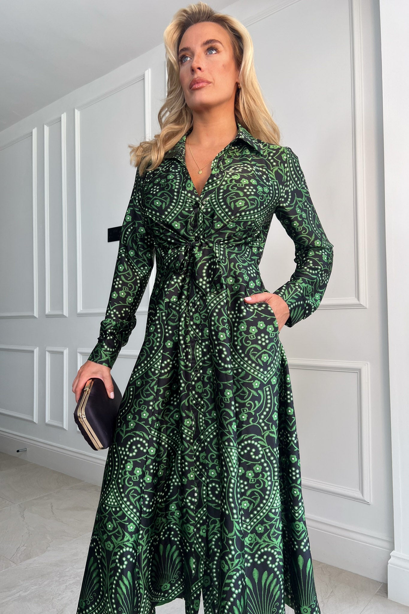 Girl In Mind Odette Print Tie Front Shirt Dress - Green