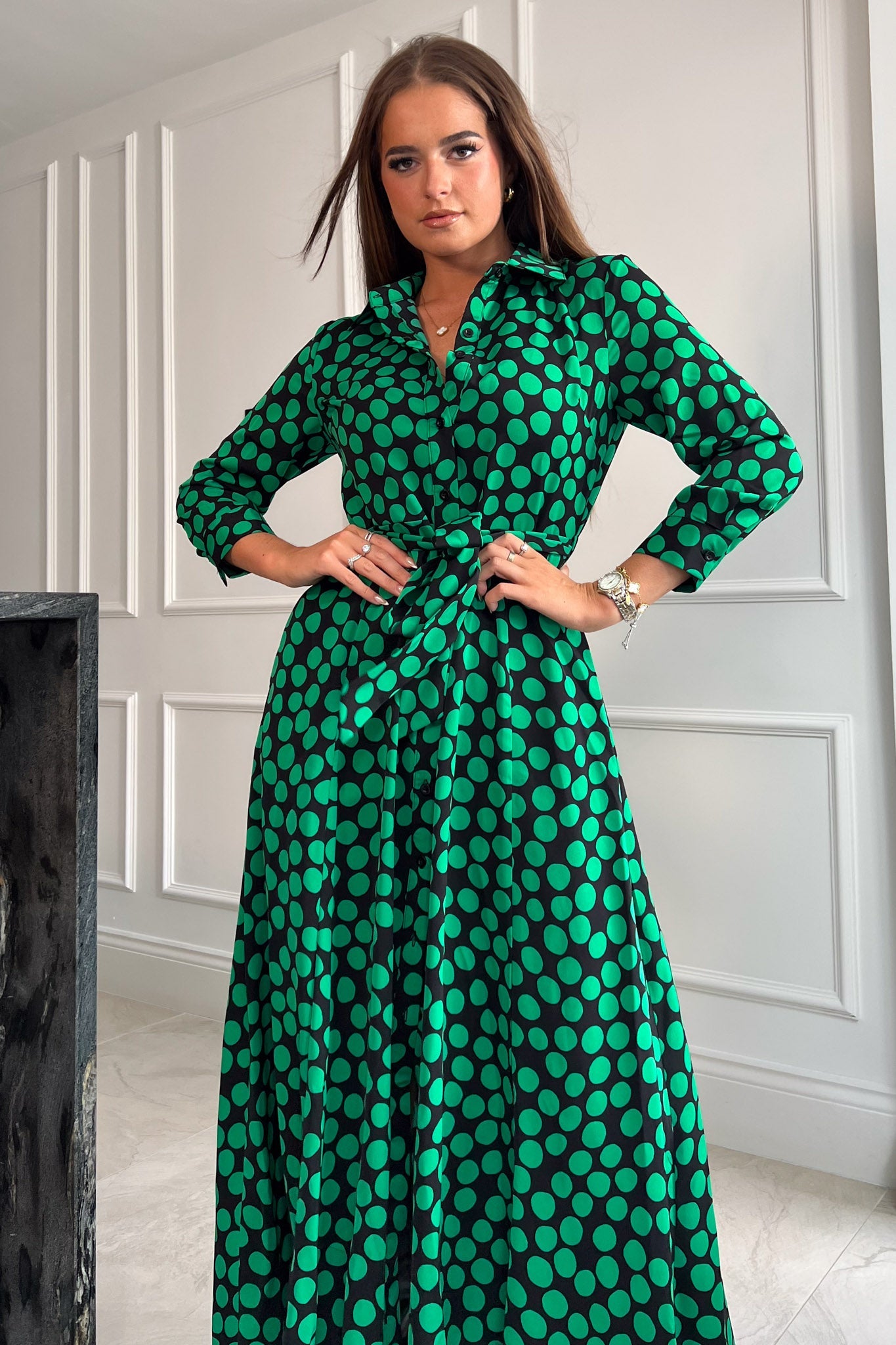 Girl In Mind Angela Green Polka Shirt Maxi Dress