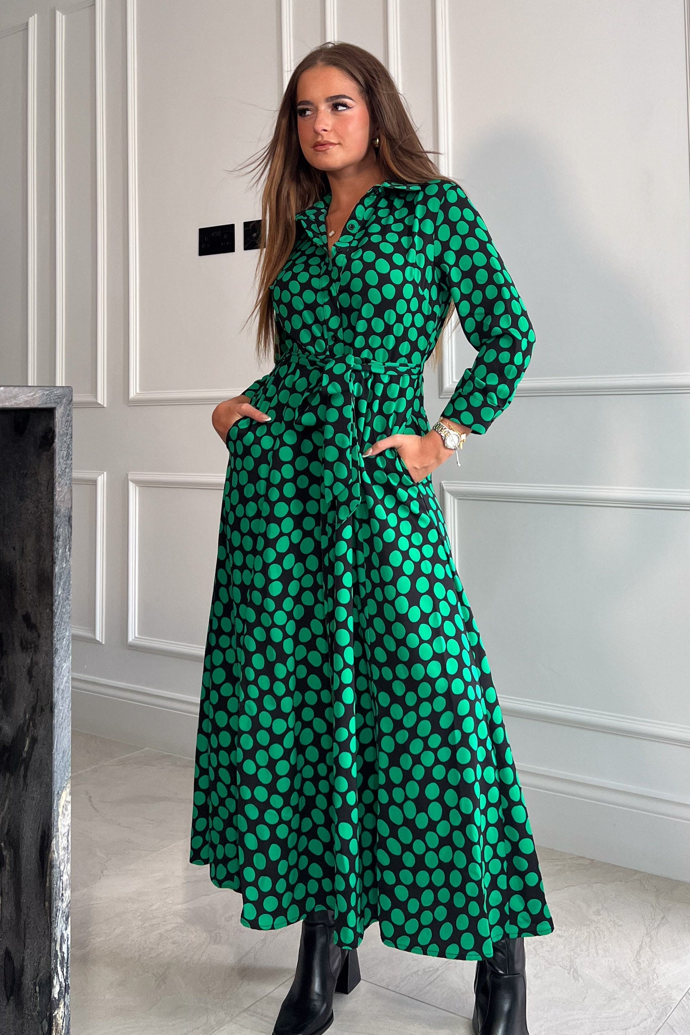 Girl In Mind Angela Green Polka Shirt Maxi Dress
