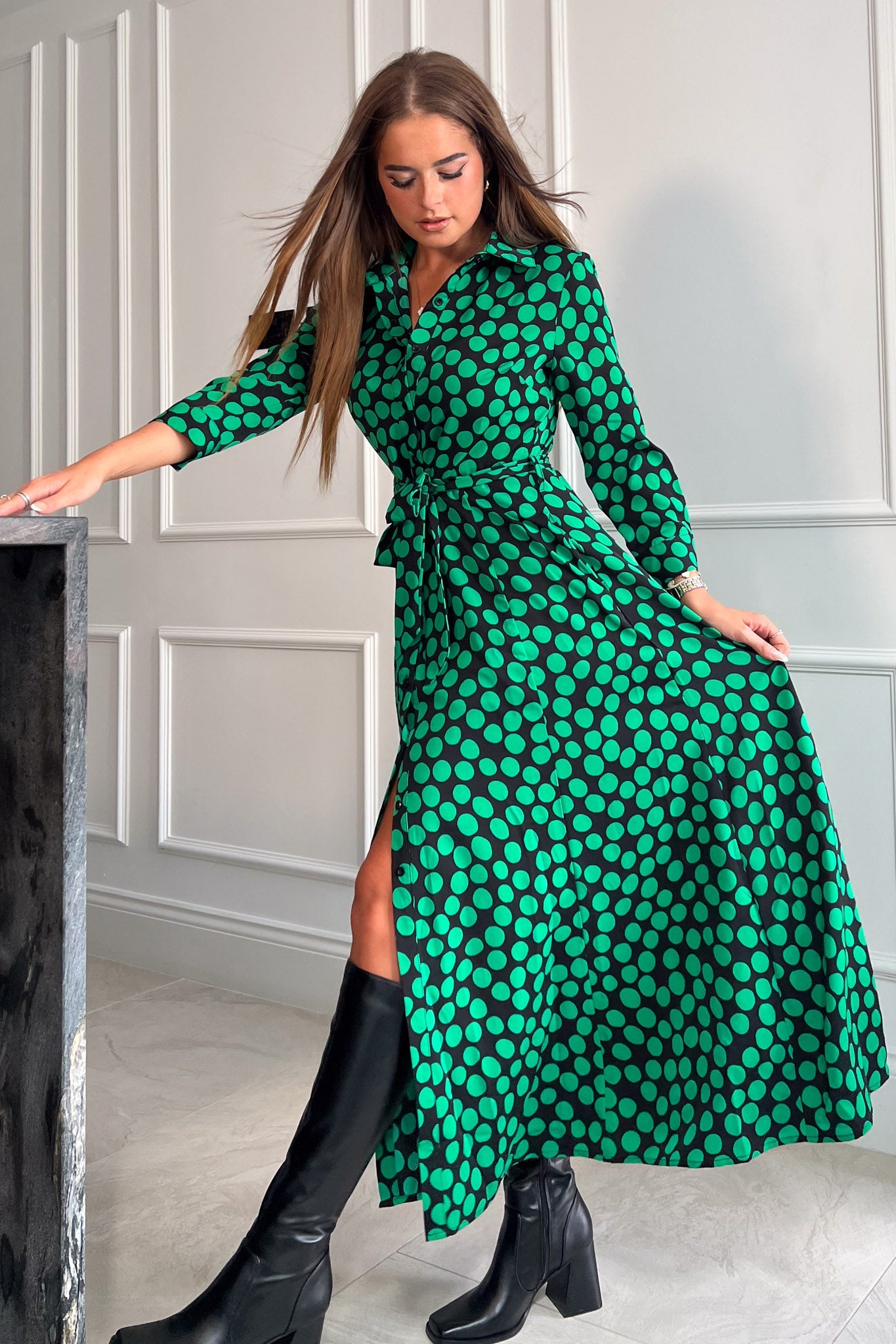 Girl In Mind Angela Green Polka Shirt Maxi Dress