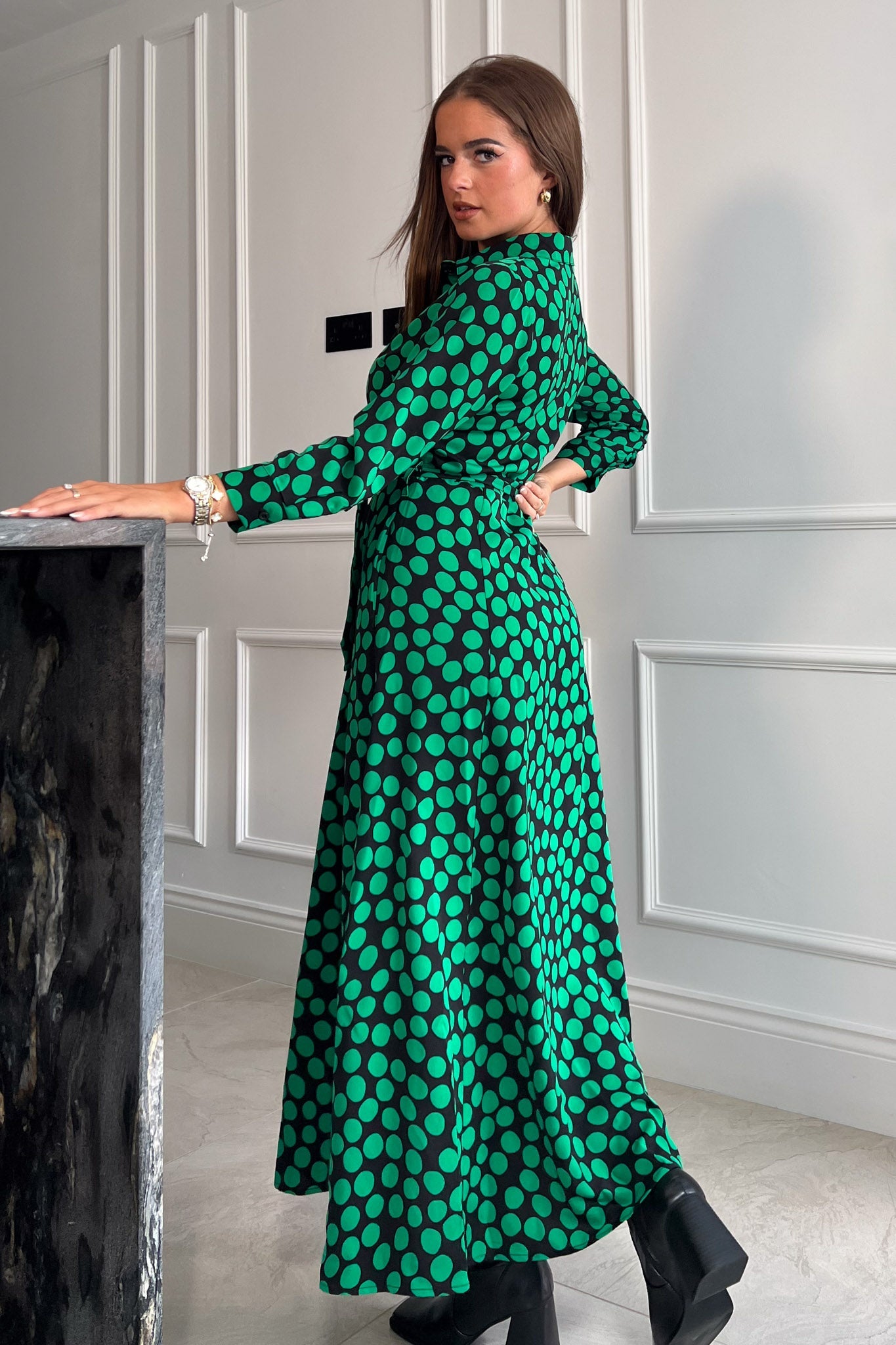 Girl In Mind Angela Green Polka Shirt Maxi Dress